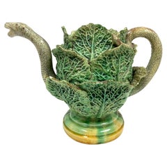 Antica teiera in maiolica Palissy Snake & Cabbage da restaurare
