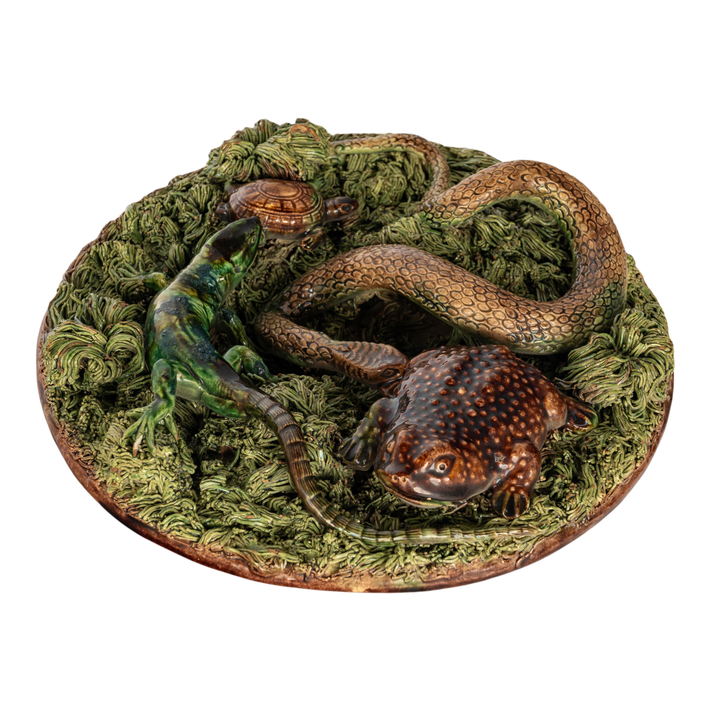 Antique Palissy Ware Portuguese Mafra Majolica Pottery Plate Lizard Snake 1880 4