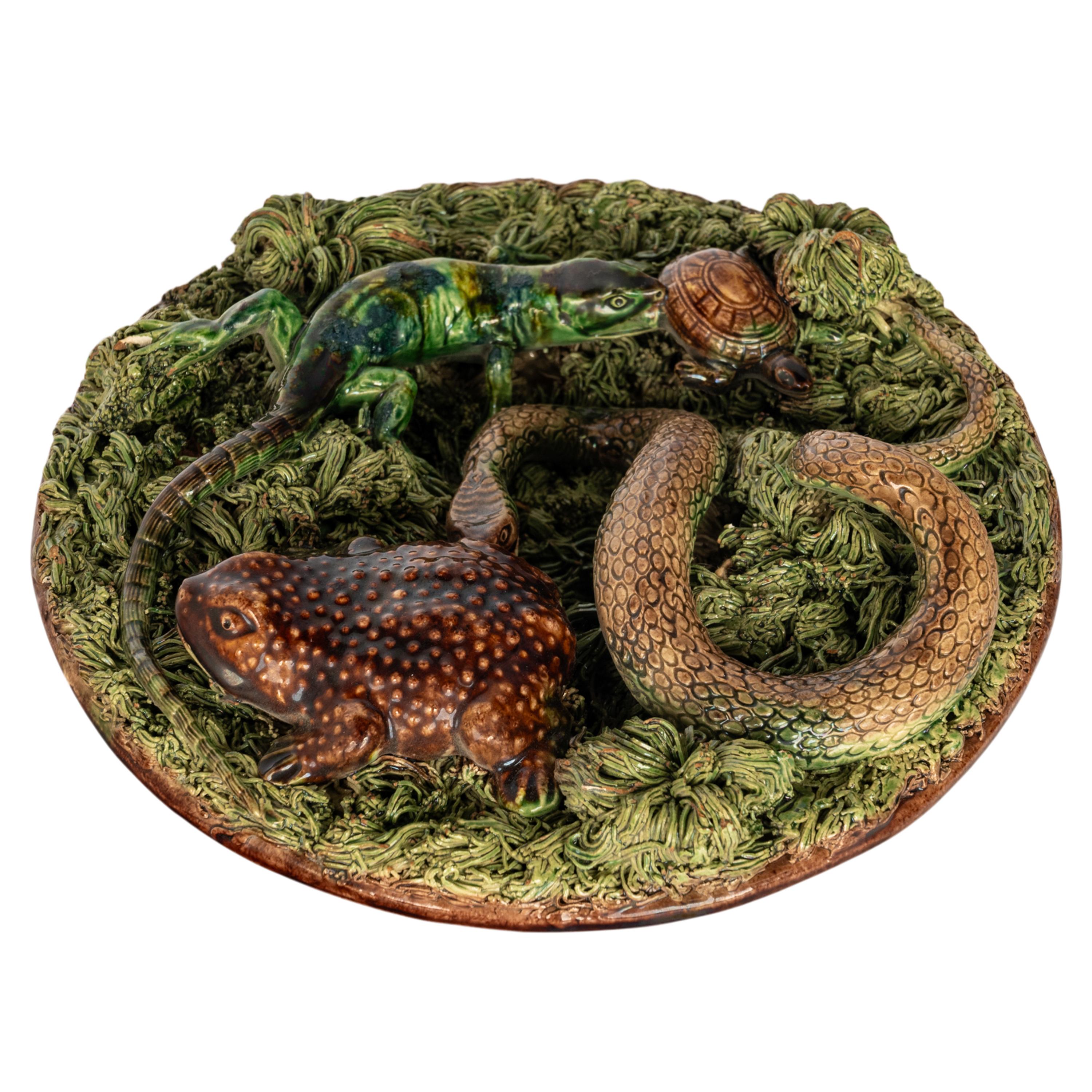 Antique Palissy Ware Portuguese Mafra Majolica Pottery Plate Lizard Snake 1880 5
