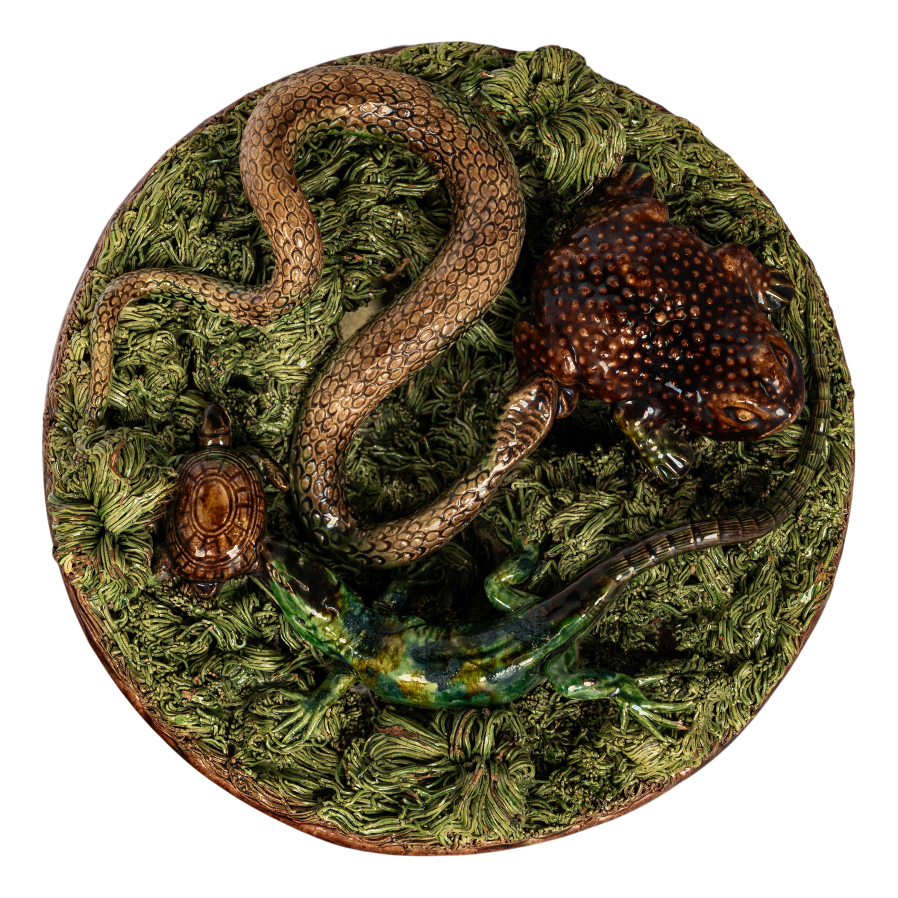 Baroque Antique Palissy Ware Portuguese Mafra Majolica Pottery Plate Lizard Snake 1880