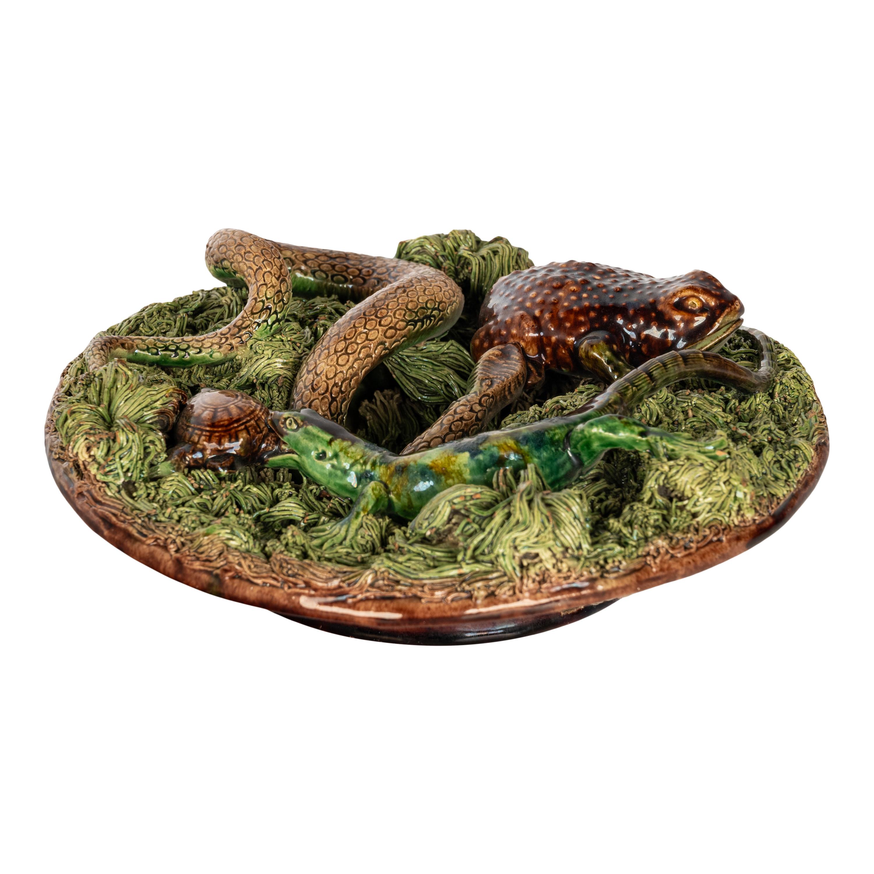 Glazed Antique Palissy Ware Portuguese Mafra Majolica Pottery Plate Lizard Snake 1880