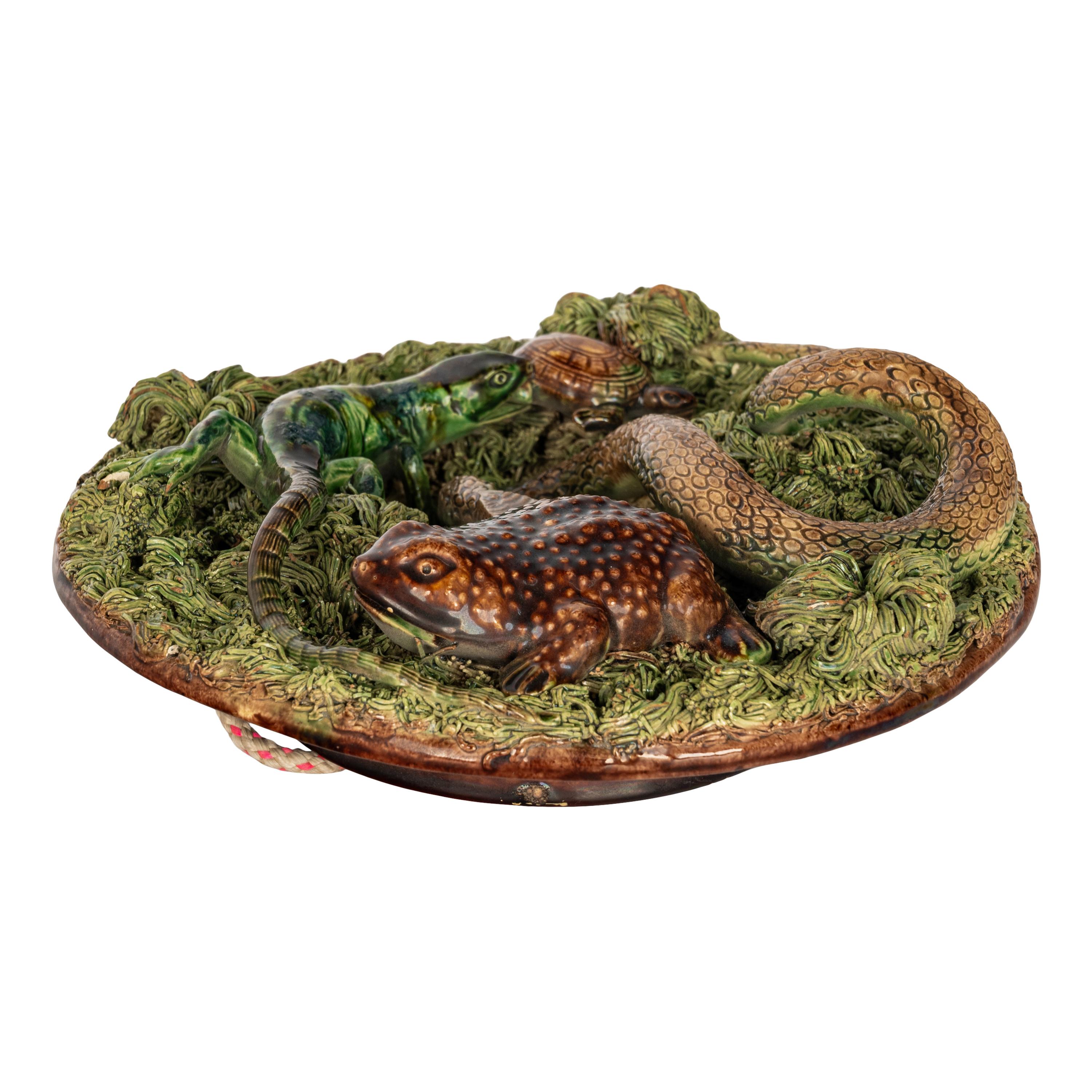 Antique Palissy Ware Portuguese Mafra Majolica Pottery Plate Lizard Snake 1880 1