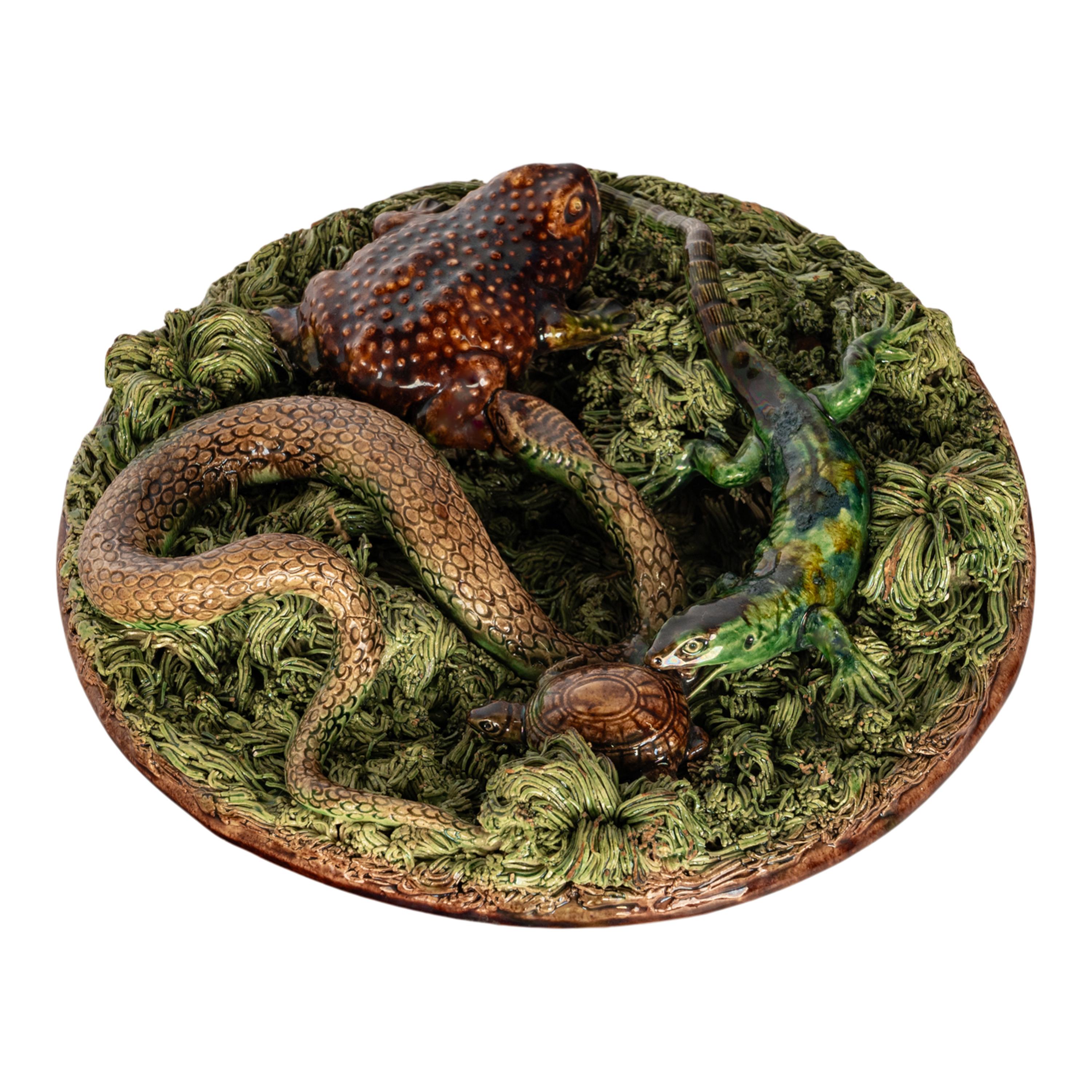 Antique Palissy Ware Portuguese Mafra Majolica Pottery Plate Lizard Snake 1880 2