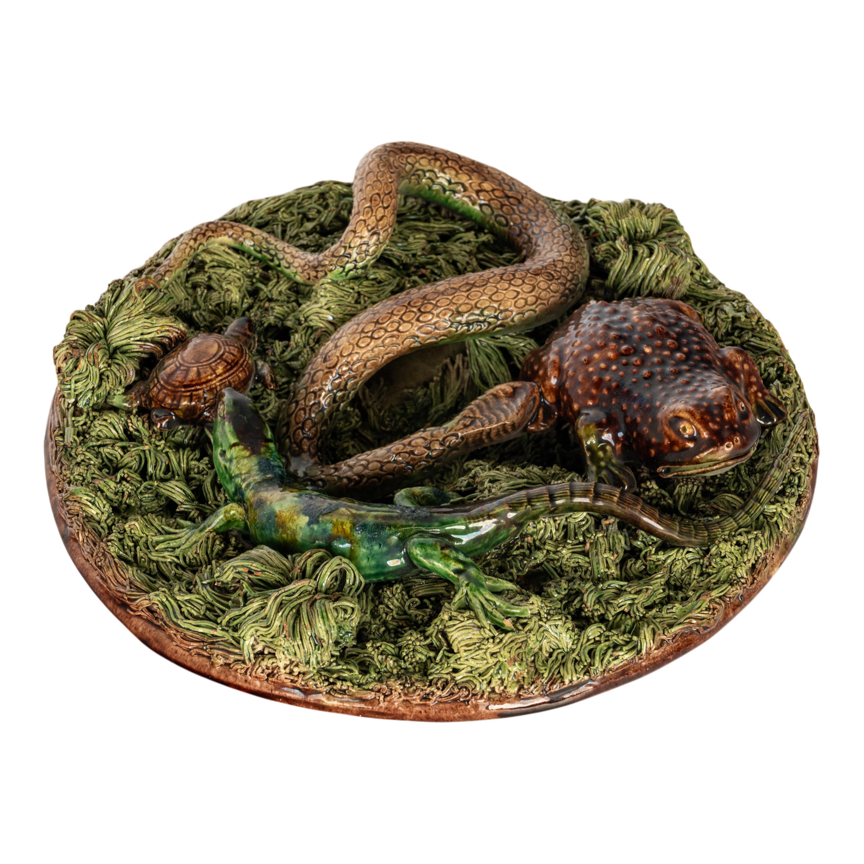 Antique Palissy Ware Portuguese Mafra Majolica Pottery Plate Lizard Snake 1880 3