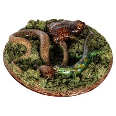 Antique Palissy Ware Portuguese Mafra Majolica Pottery Plate Lizard Snake 1880
