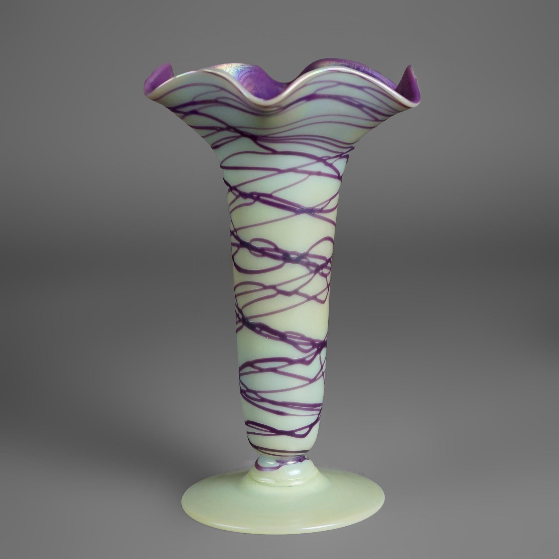 20th Century Antique Palme-Koenig Bohemian Art Glass Threaded & Fluted Vase Shape #218 c1920 For Sale