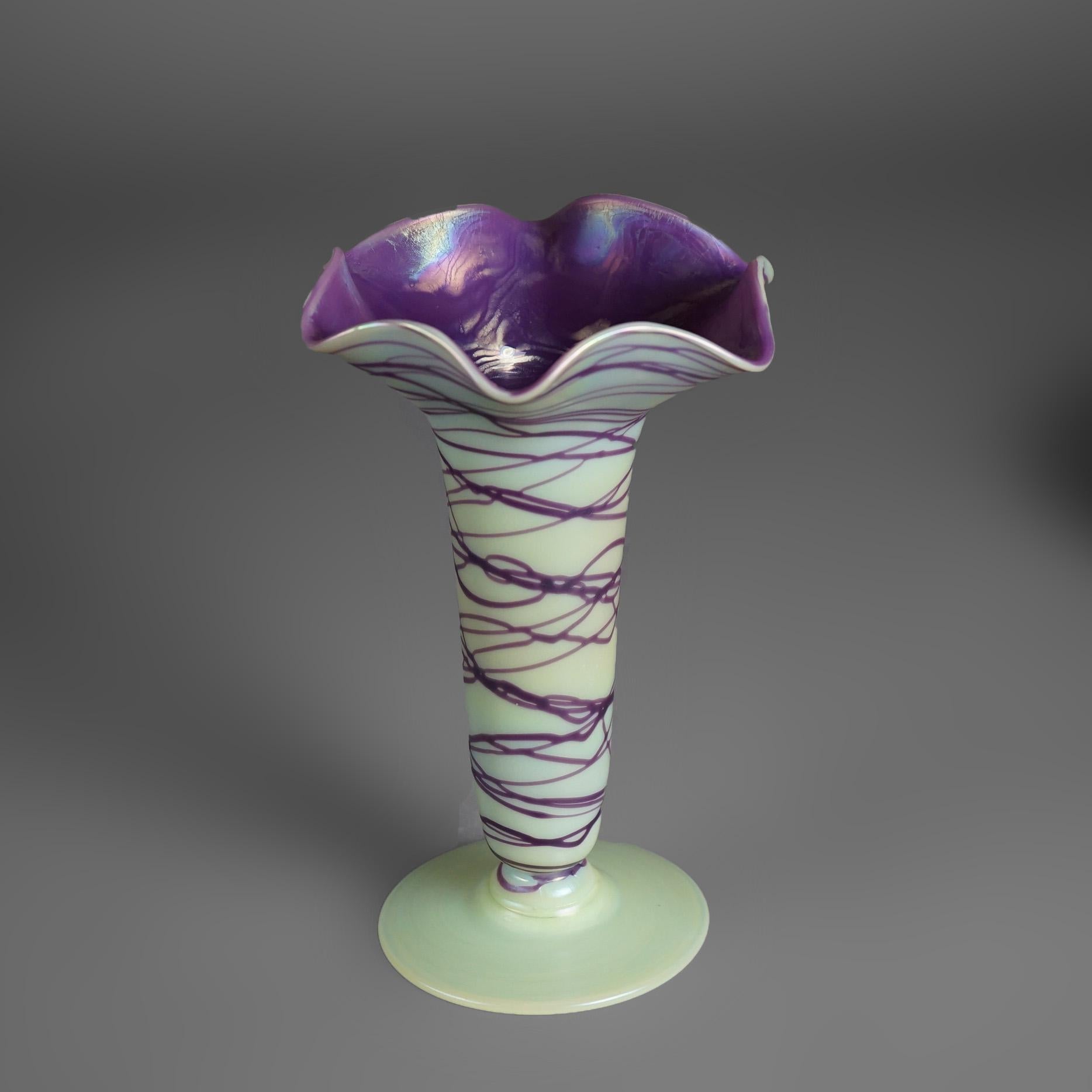 Antique Palme-Koenig Bohemian Art Glass Threaded & Fluted Vase Shape #218 c1920 2