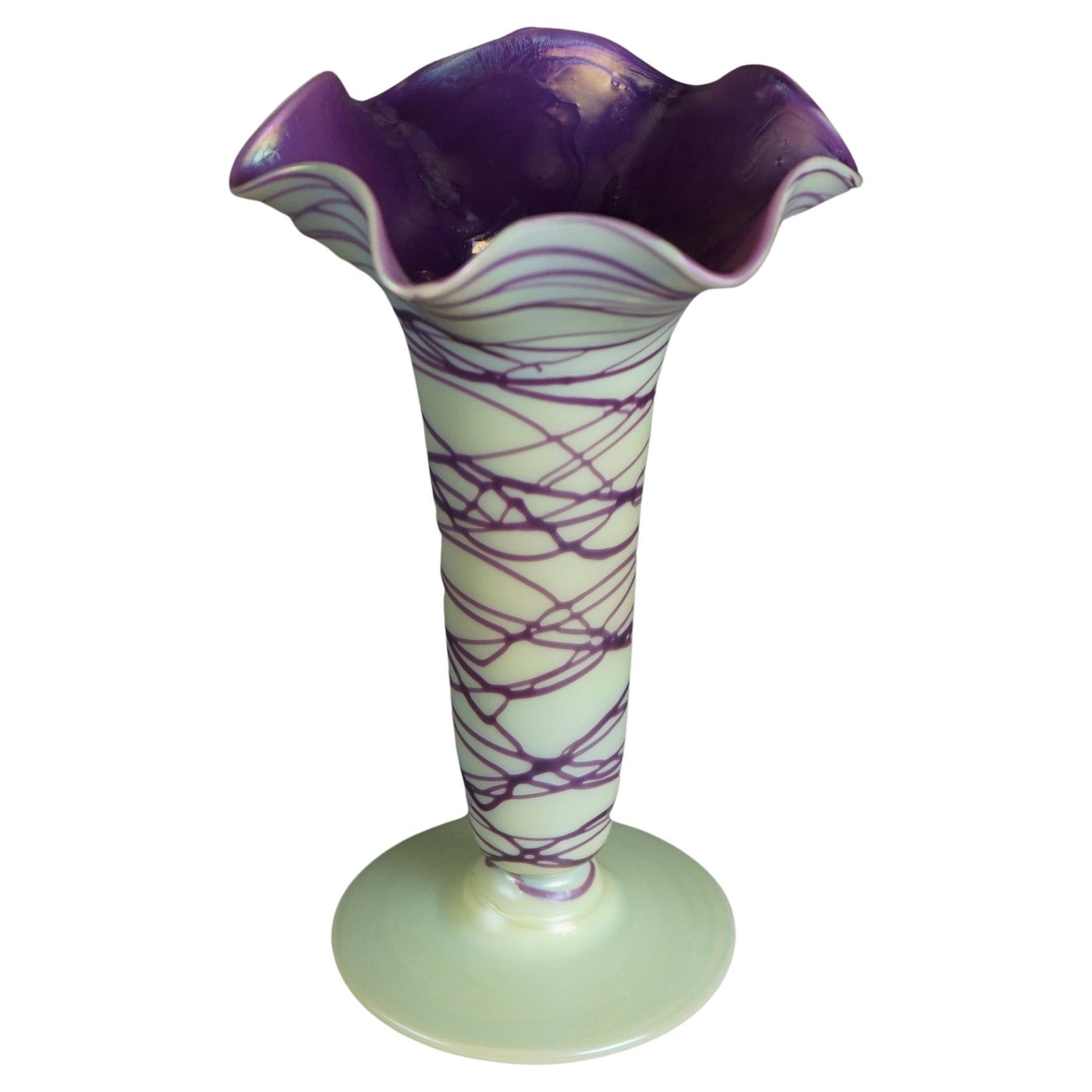 Antique Palme-Koenig Bohemian Art Glass Threaded & Fluted Vase Shape #218 c1920 For Sale