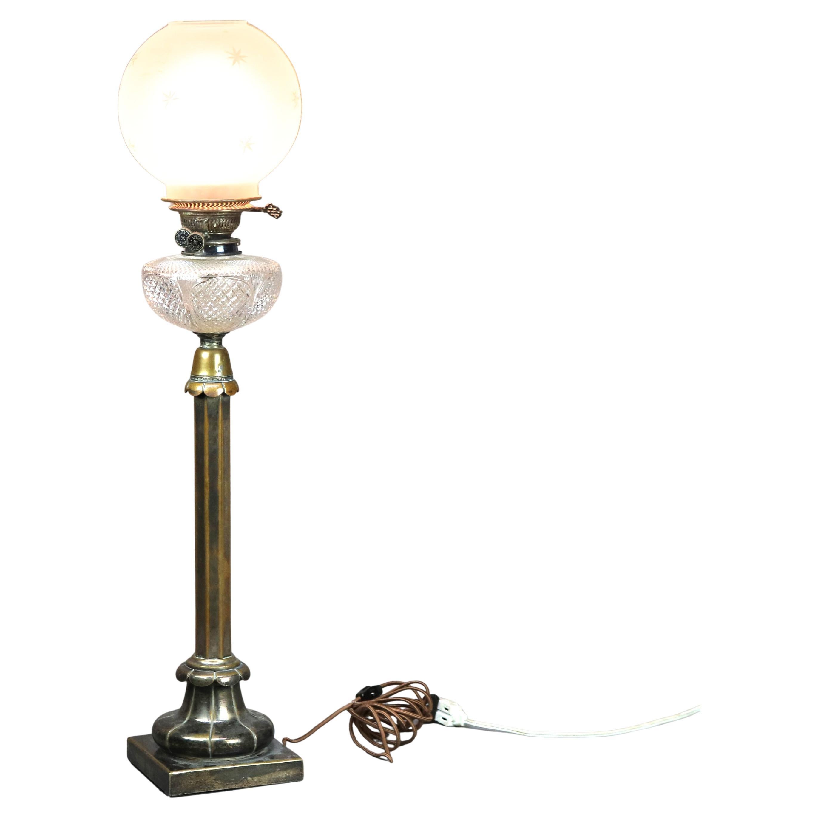 Antique Palmer & Co. Empire Bronze & Crystal Oil Lamp with Cut Glass Font C1840