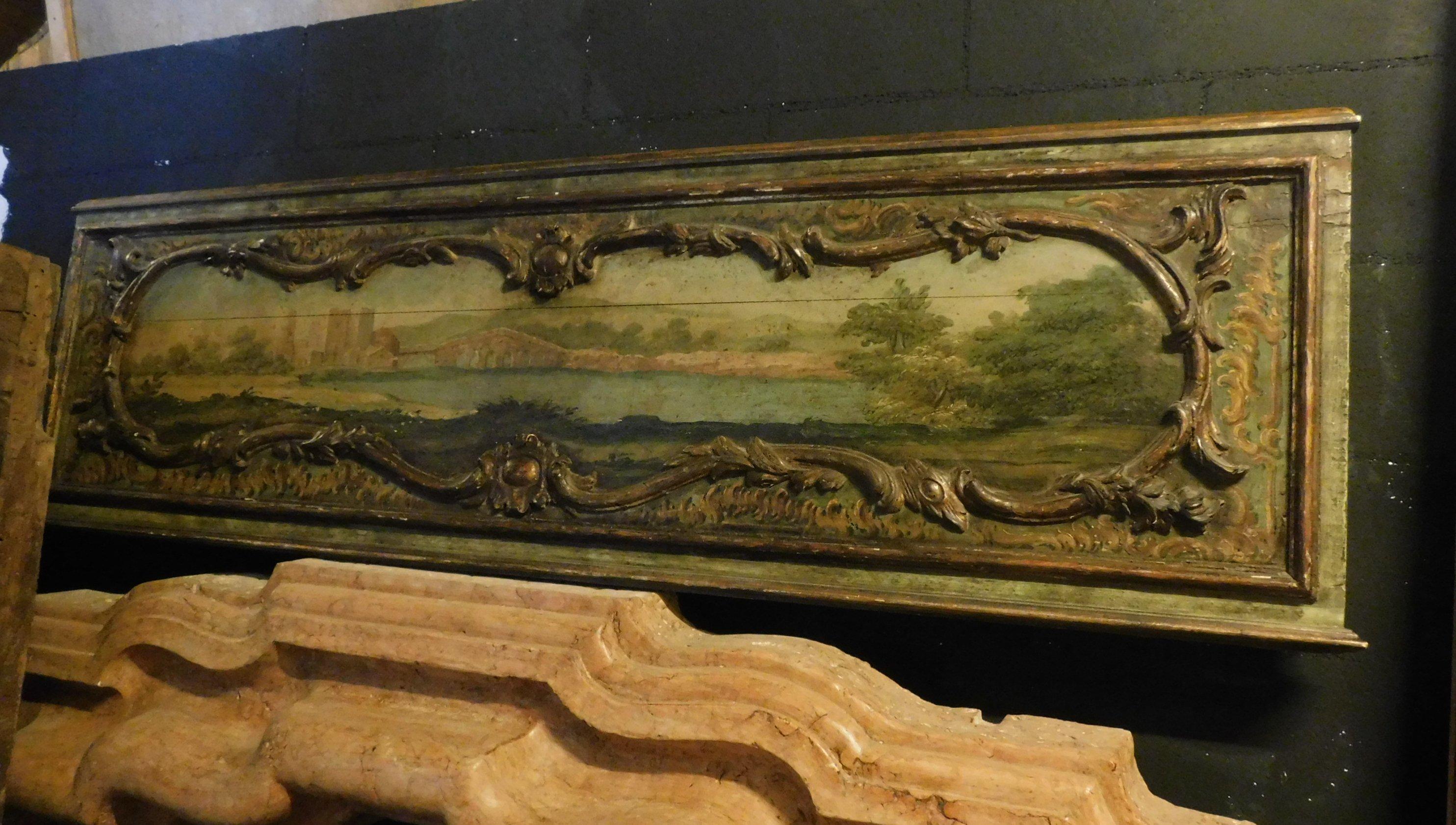 Antique panel hand painted on wood, green background with Italian landscape painting also suitable as a headboard or as a decorative painting, Italy, 1700.