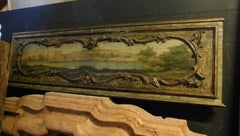 Antique Panel Hand Painted on Wood, Green with Landscape, Italy, 1700