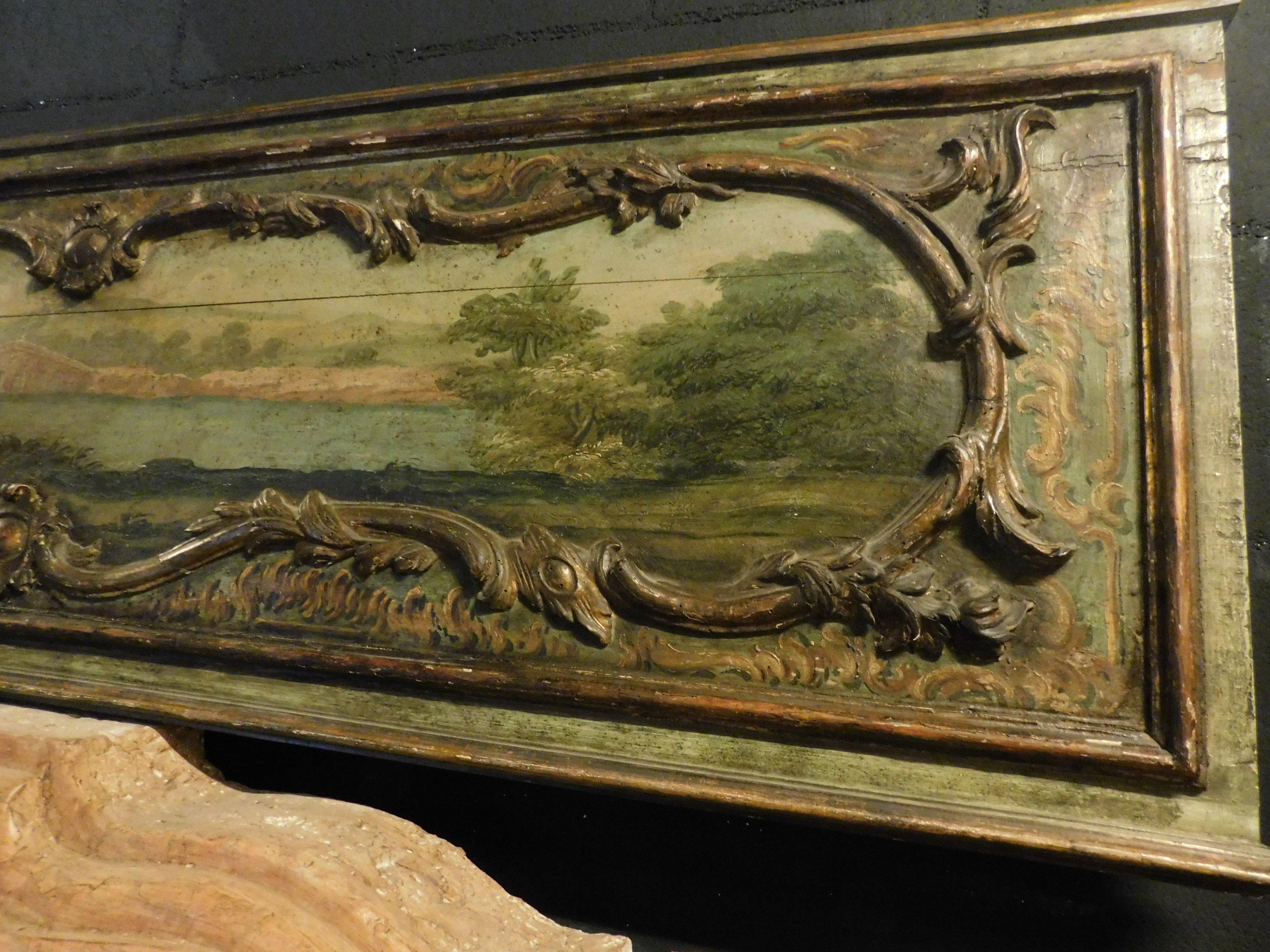 Italian Antique Panel Hand Painted on Wood, Green with Landscape, Italy, 1700