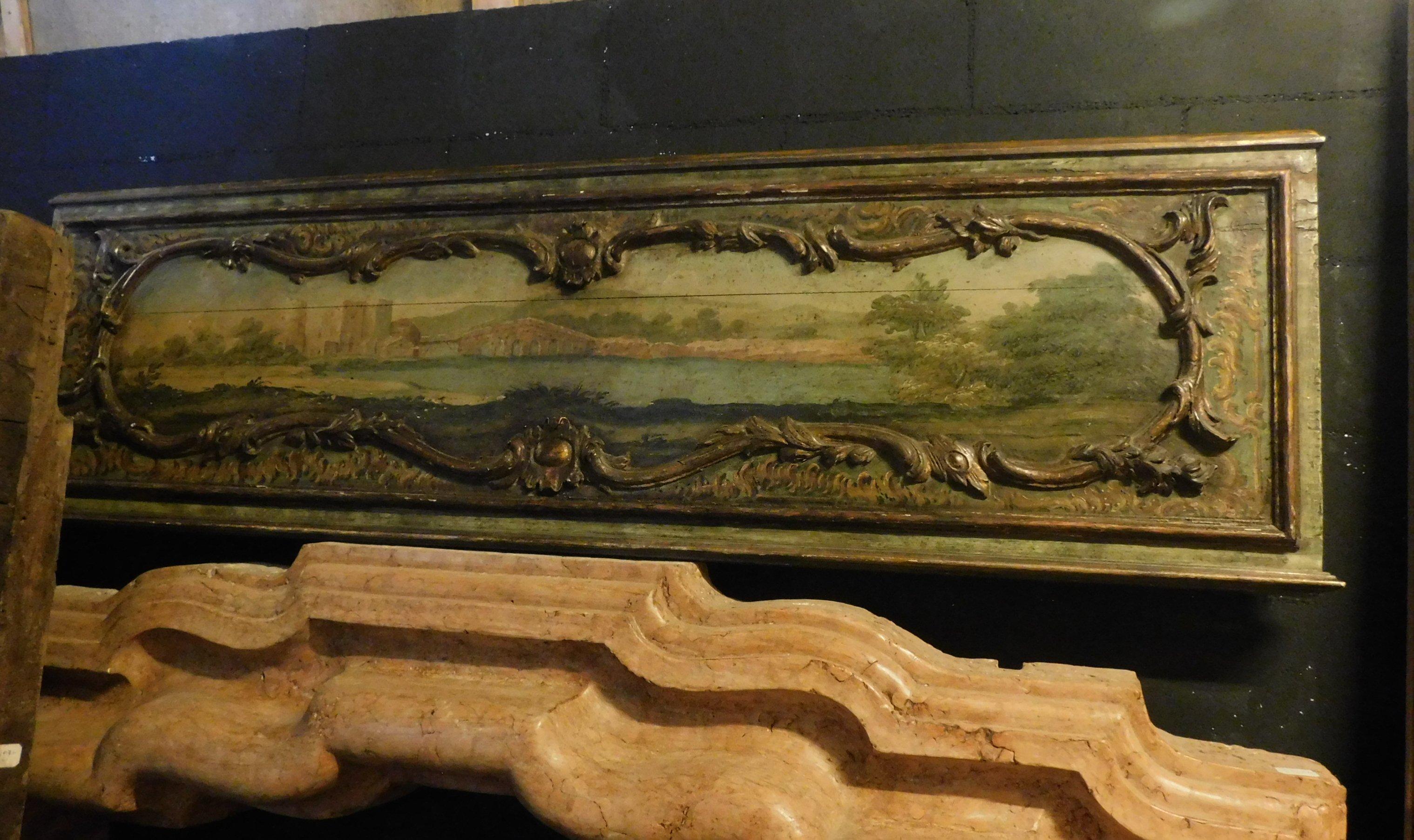 Antique Panel Hand Painted on Wood, Green with Landscape, Italy, 1700 In Good Condition In Cuneo, Italy (CN)