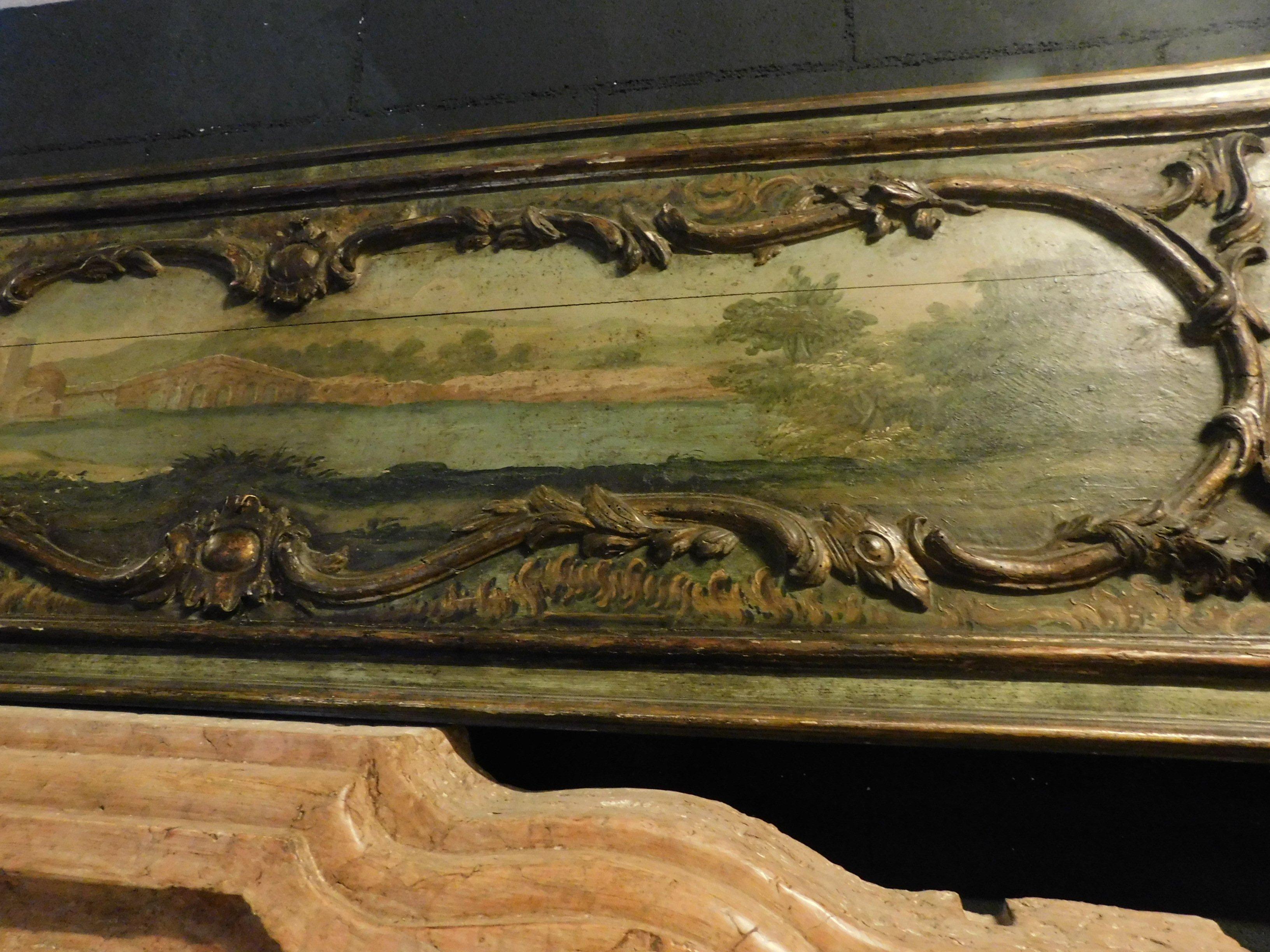 Antique Panel Hand Painted on Wood, Green with Landscape, Italy, 1700 1