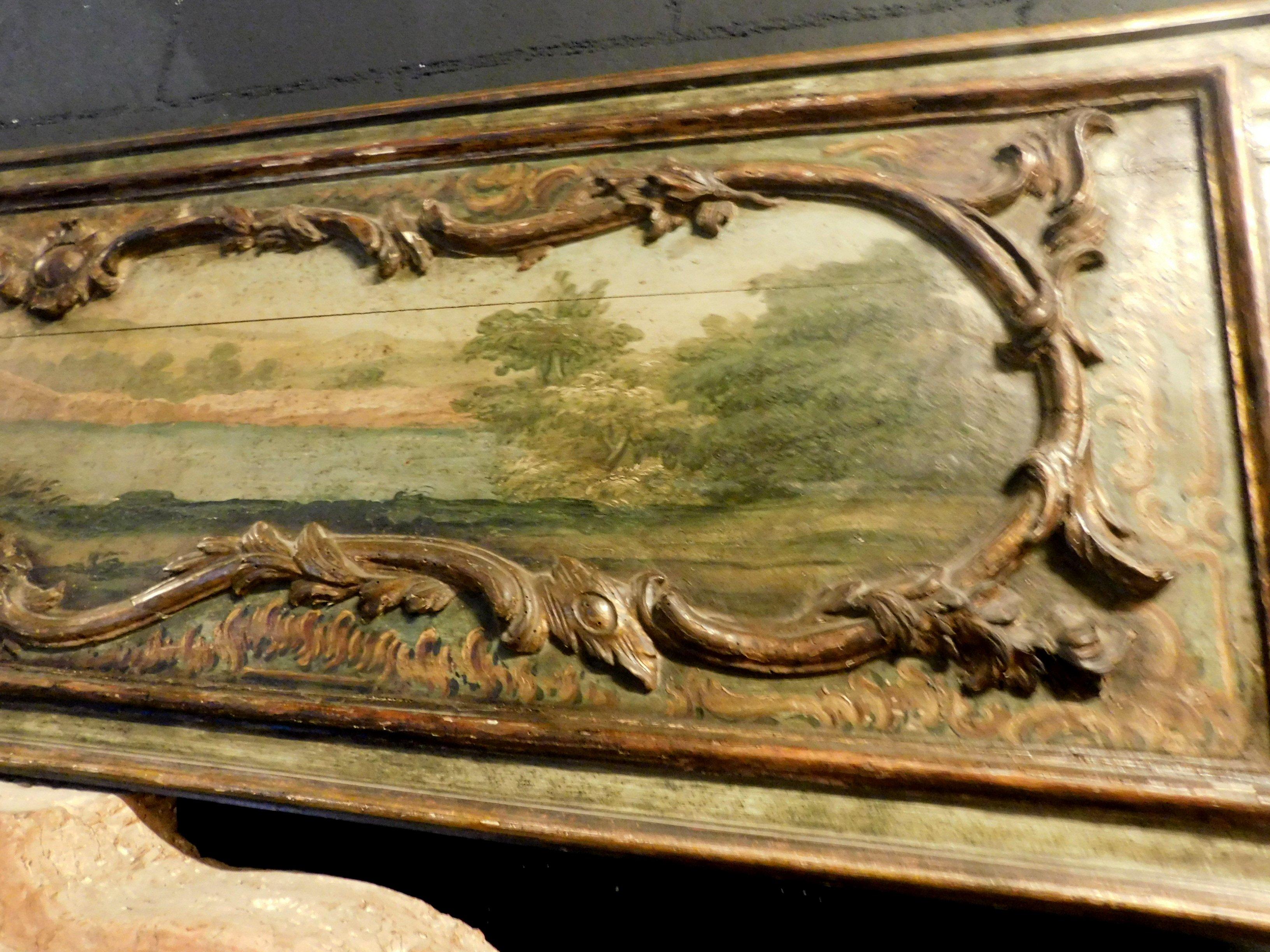 Antique Panel Hand Painted on Wood, Green with Landscape, Italy, 1700 2