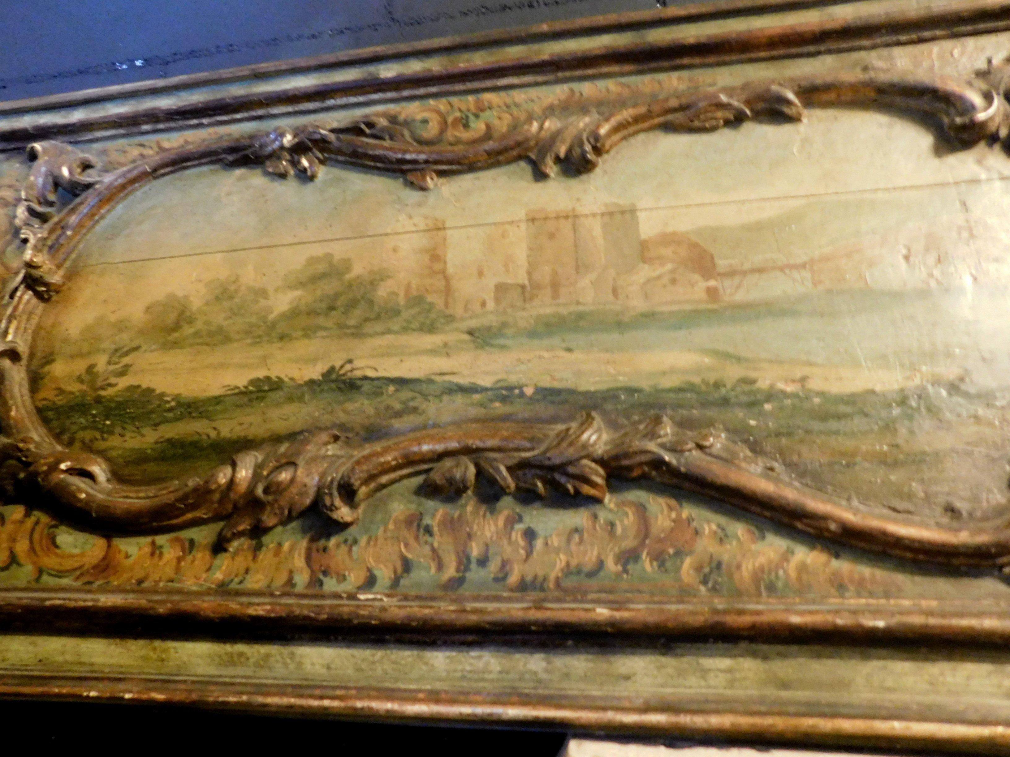 Antique Panel Hand Painted on Wood, Green with Landscape, Italy, 1700 3