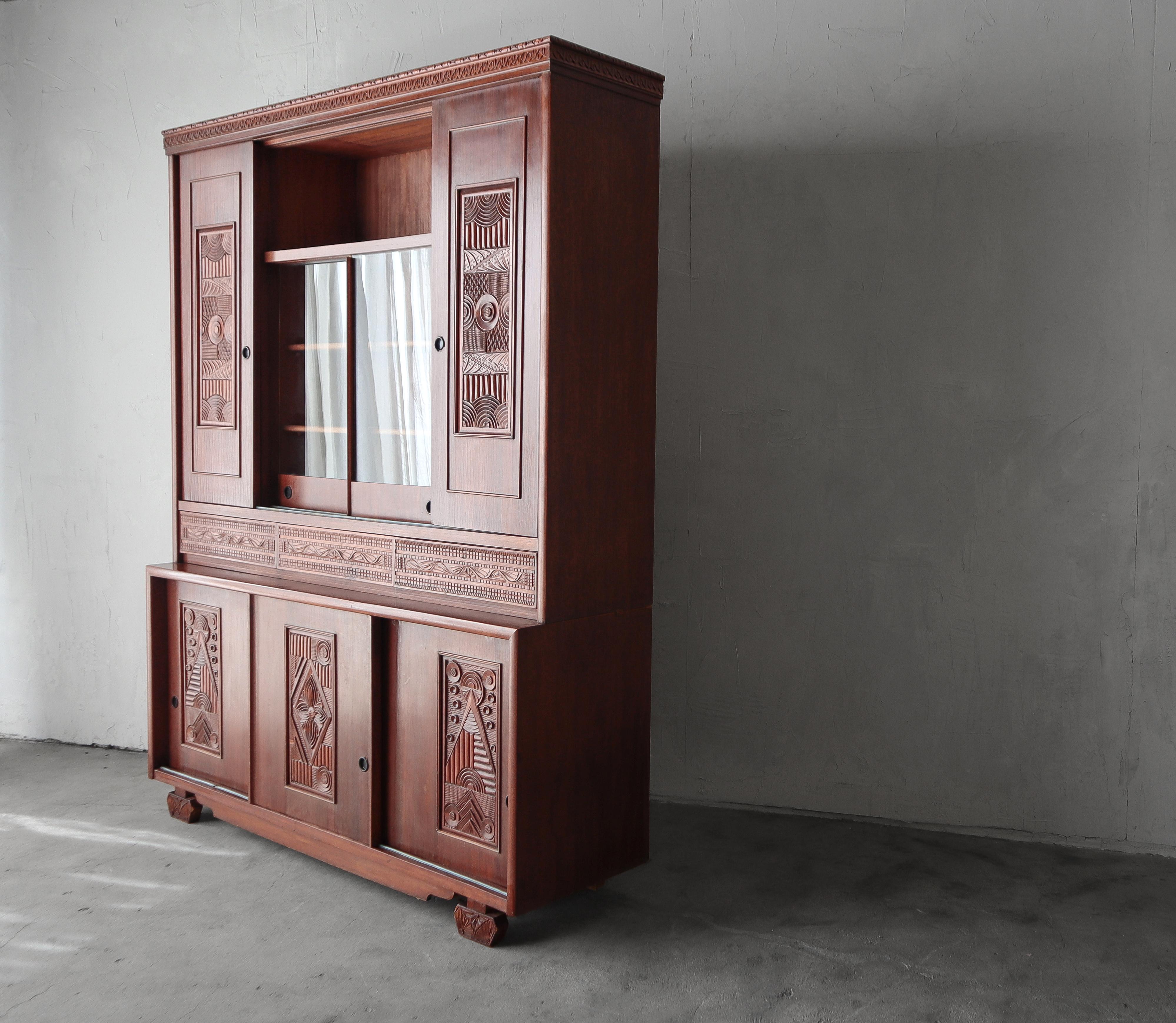 19th Century Antique Panelcarve Wood Hutch Cabinet For Sale