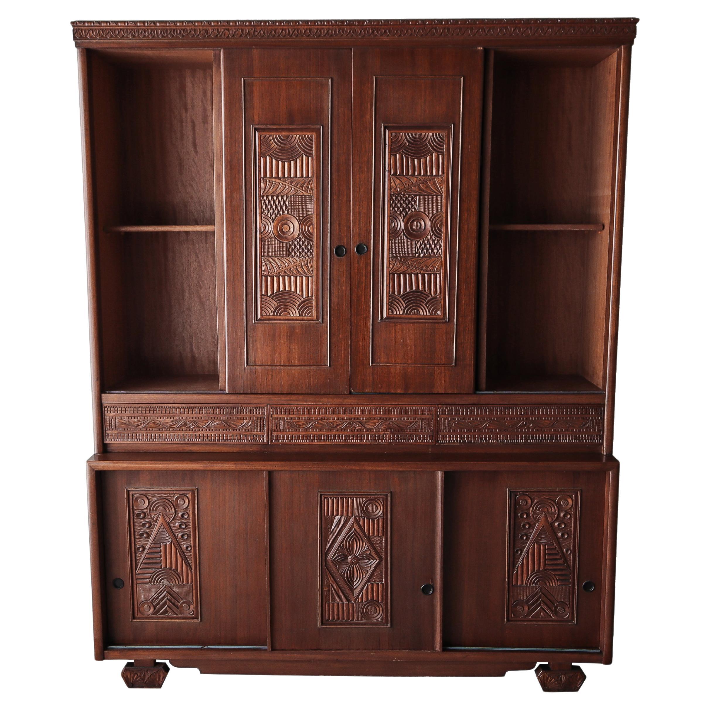 Antique Panelcarve Wood Hutch Cabinet For Sale