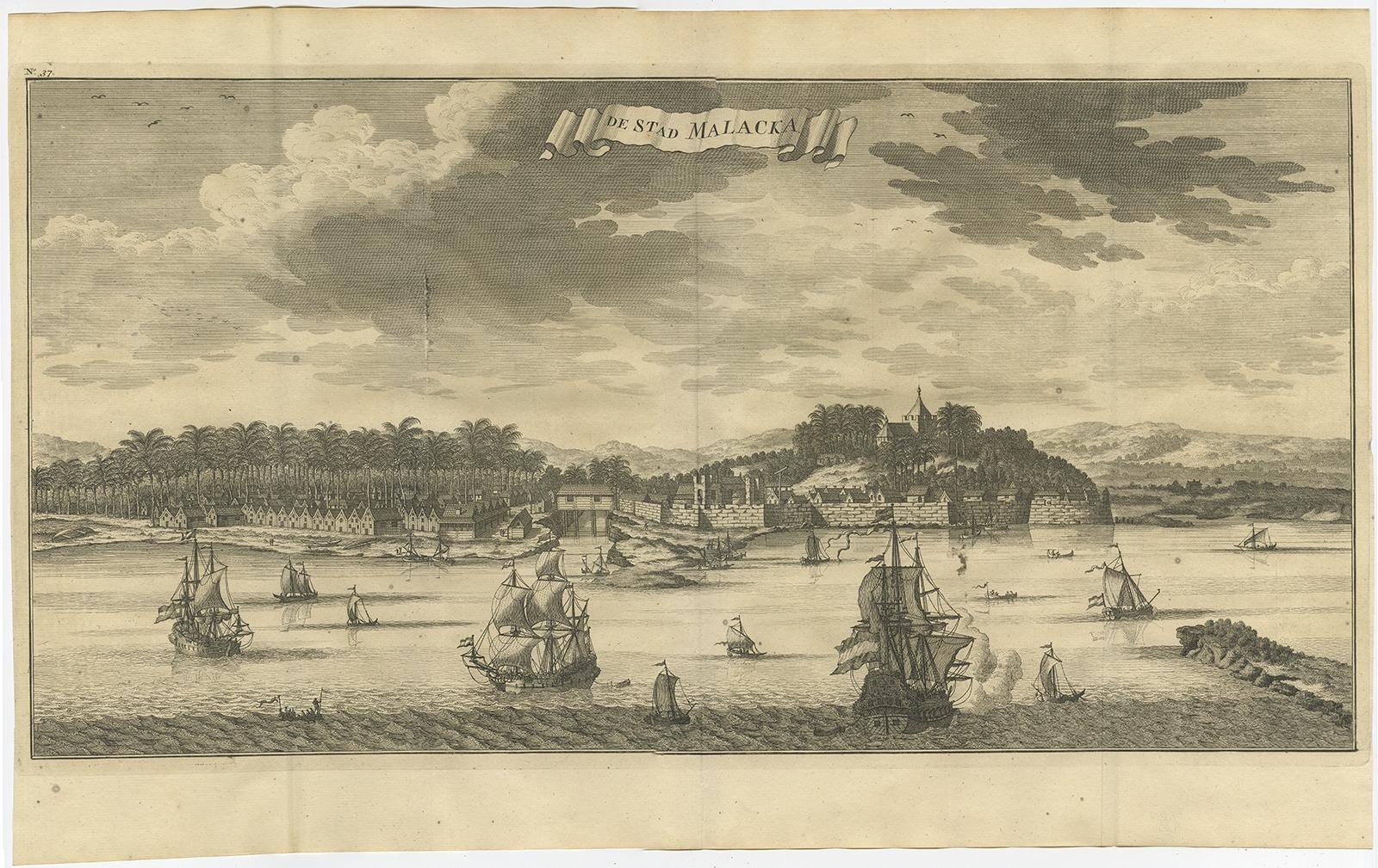 Antique print Malaysia titled 'De Stad Malacka'. 

Decorative panoramic view of the town of Malacca with European vessels in the foreground. The old Church of St. Paul's on the hill in the fortified old town to the right of the river is clearly