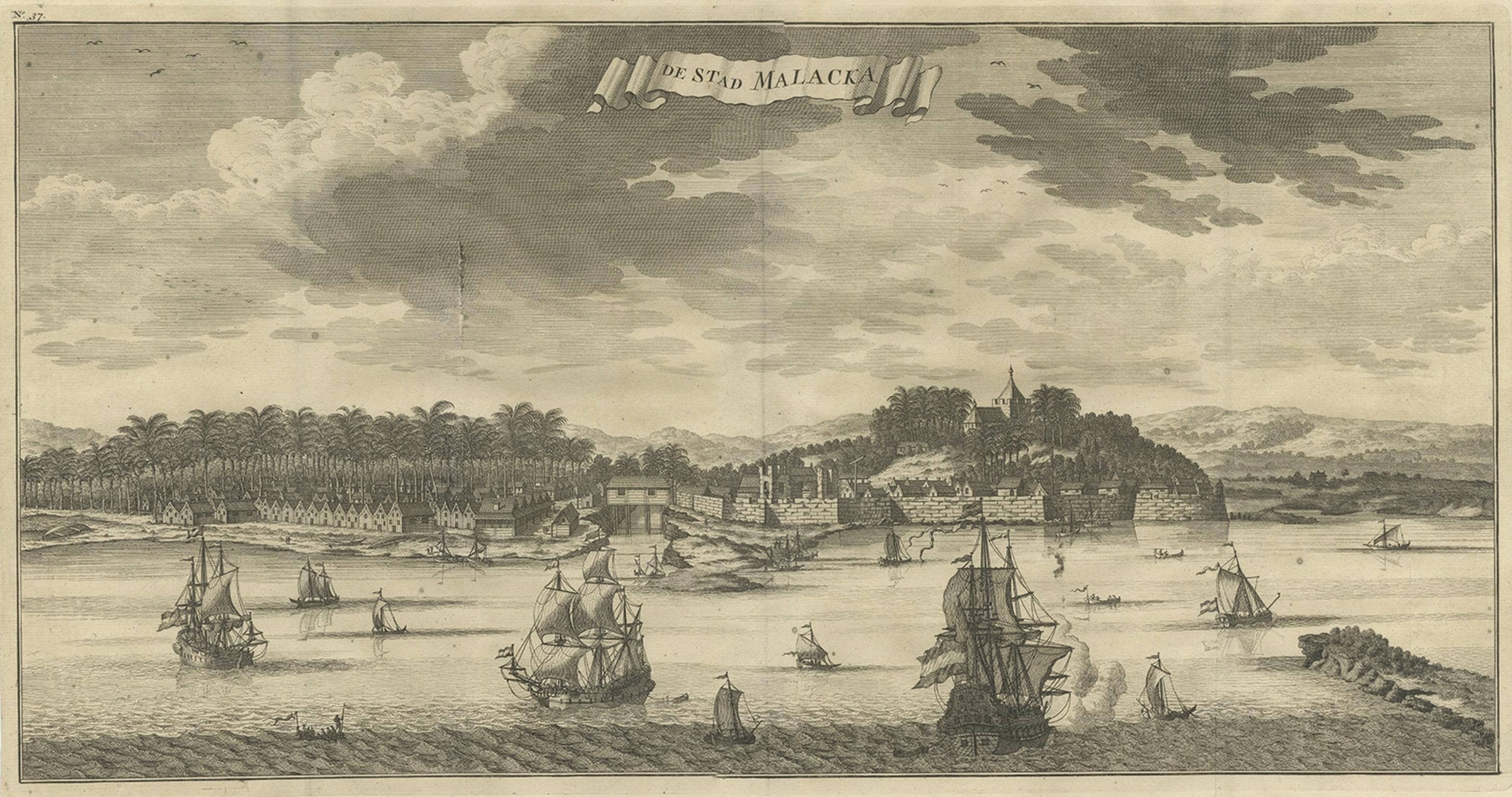 Antique Panoramic View of the Town of Malacca, Malaysia, 1726 In Good Condition For Sale In Langweer, NL