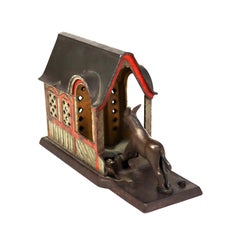 Antique Panted Cast Iron Figural Mule & Barn Mechanical Bank C1880