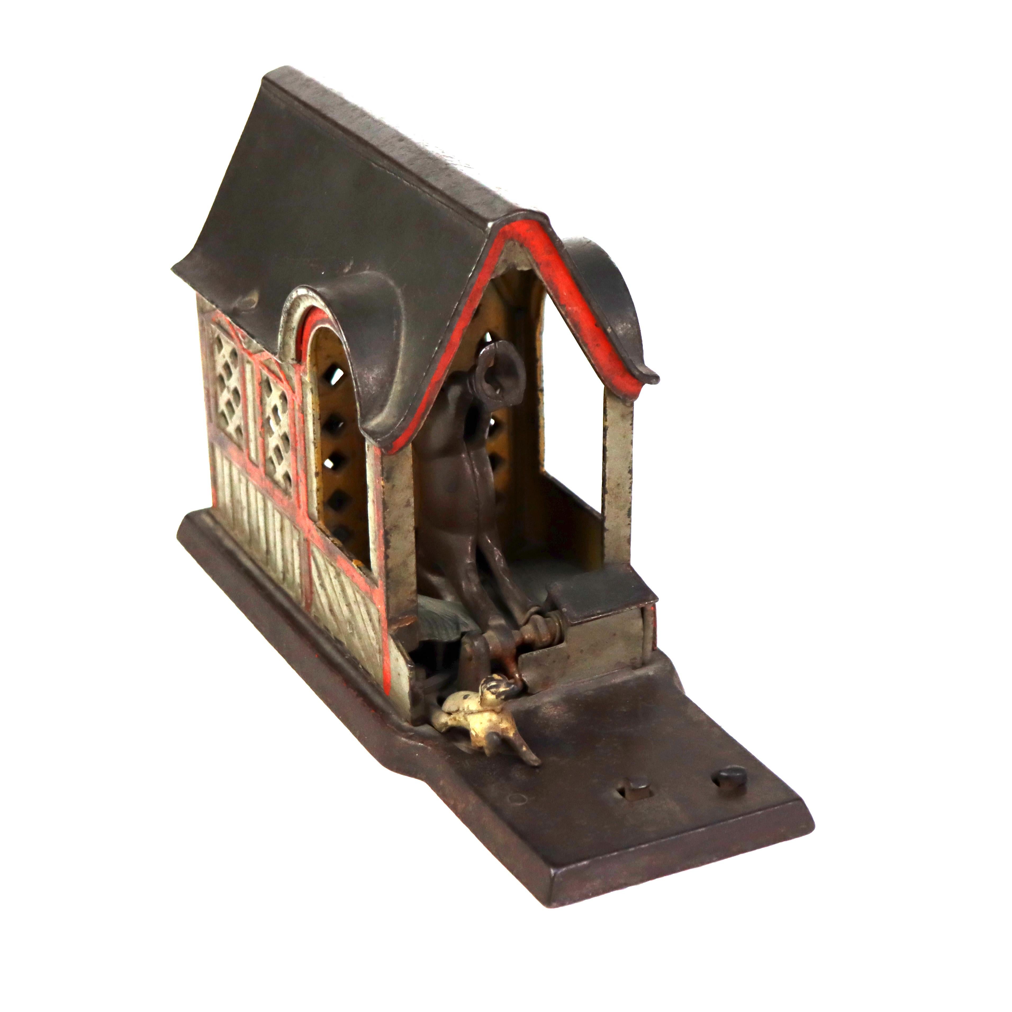 Antica banca meccanica in ghisa con figura di mulo e fienile C1880 In condizioni buone in vendita a Big Flats, NY
