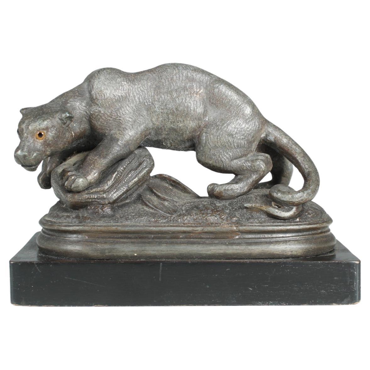 Antique Panther Sculpture, Zinc Casting, Panther on the Prowl, Around 1880 For Sale