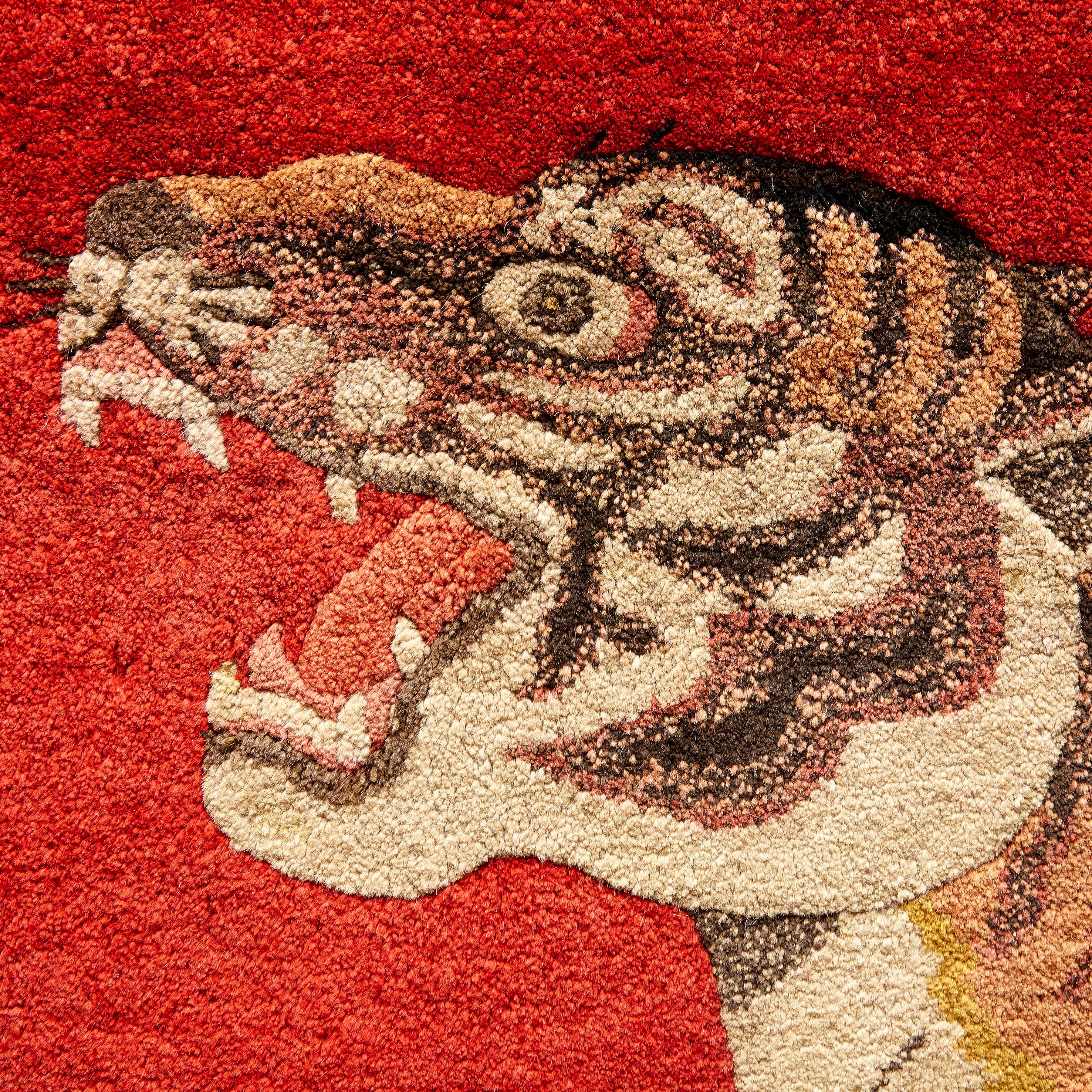 Pao Tou Tiger Chinese Export Hand Knotted Wool Antique Rug, circa 1900 In Fair Condition In Barcelona, Barcelona