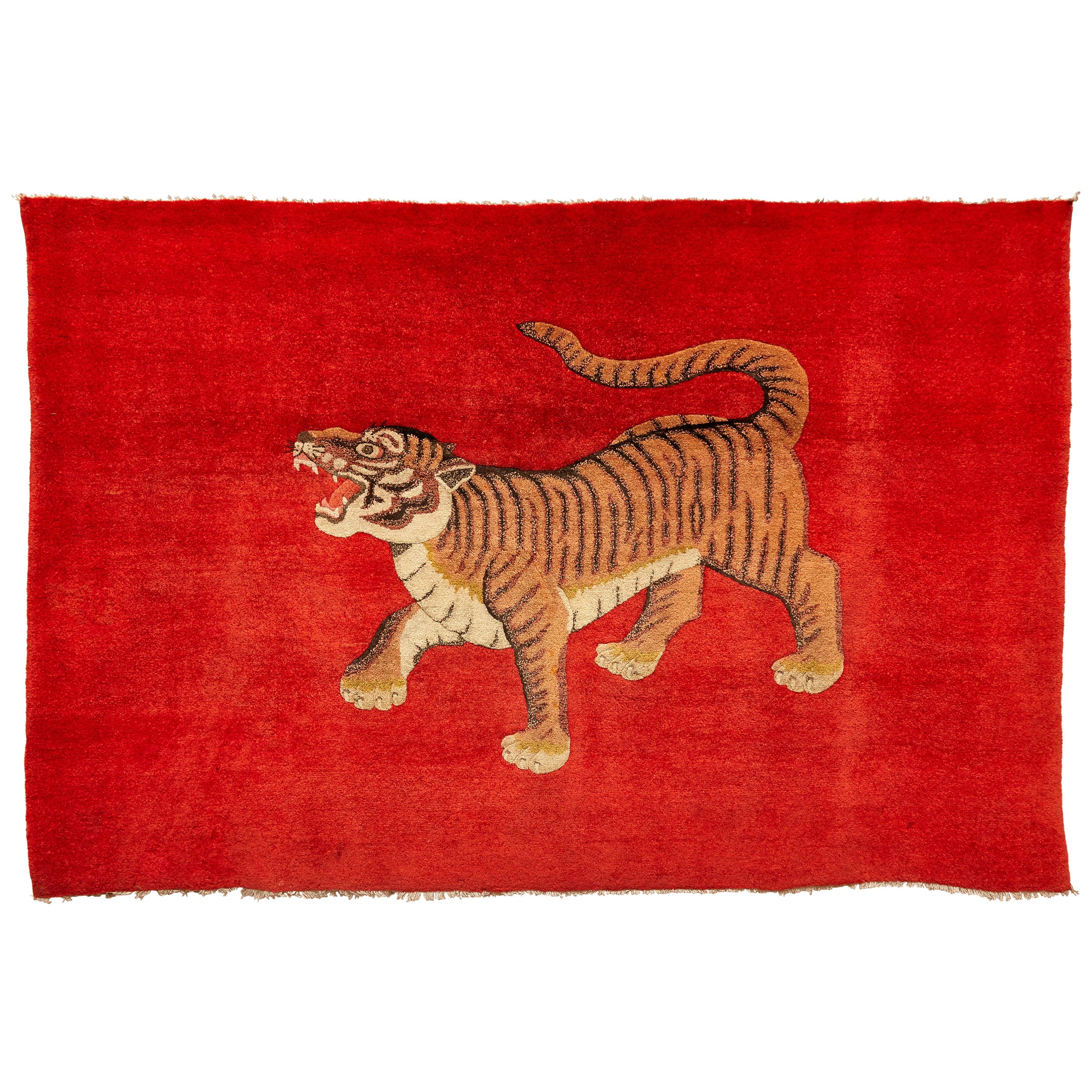 Pao Tou Tiger Chinese Export Hand Knotted Wool Antique Rug, circa 1900