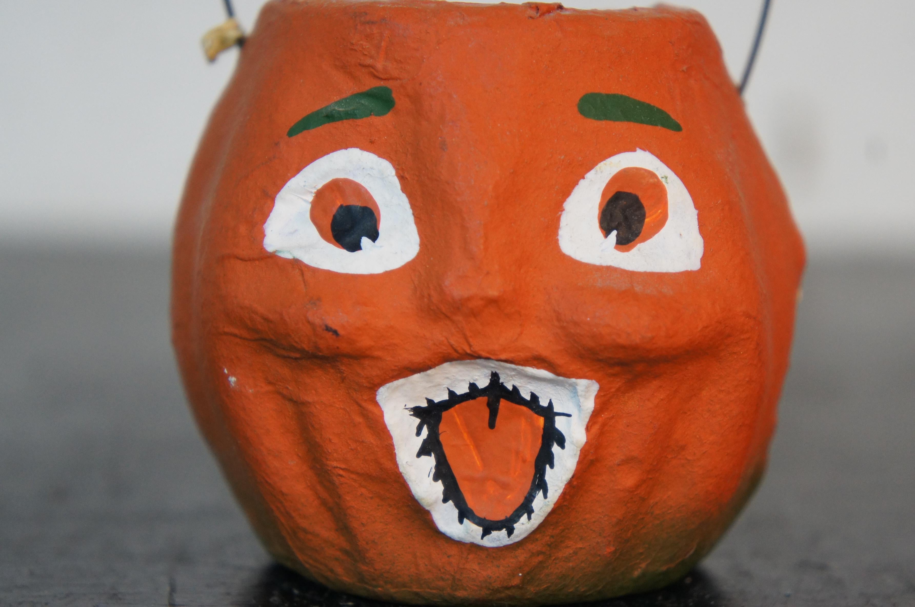 Folk Art Antique Paper Mache Jack o Lantern Pumpkin Bucket Candy Container Germany