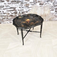 Antique Paper Mache Tray on Wood Stand Side Table with Gilt & Floral Decoration