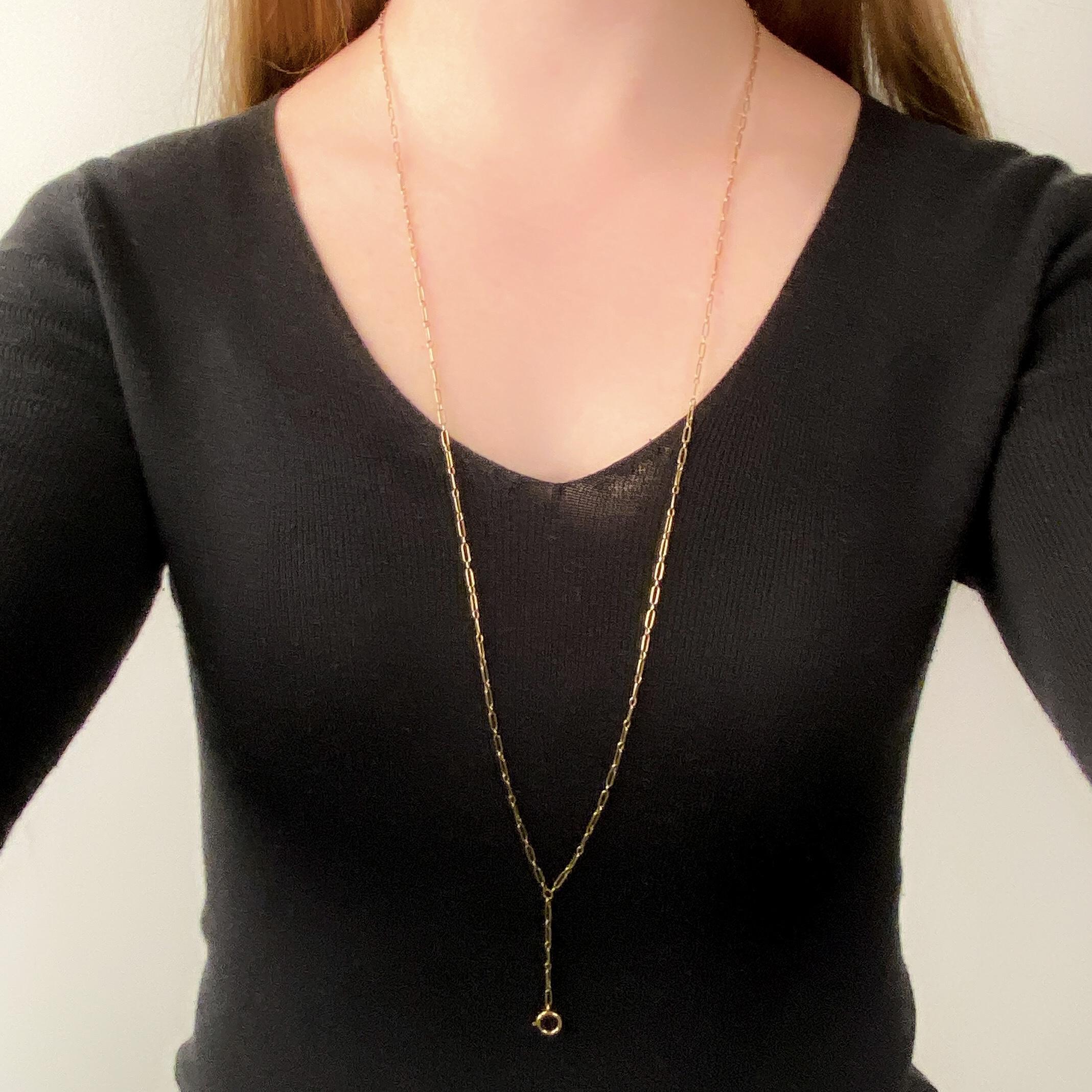 Antique Paperclip Link Lariat Watch Chain Necklace of 14k Gold In Good Condition In Lewisburg, PA