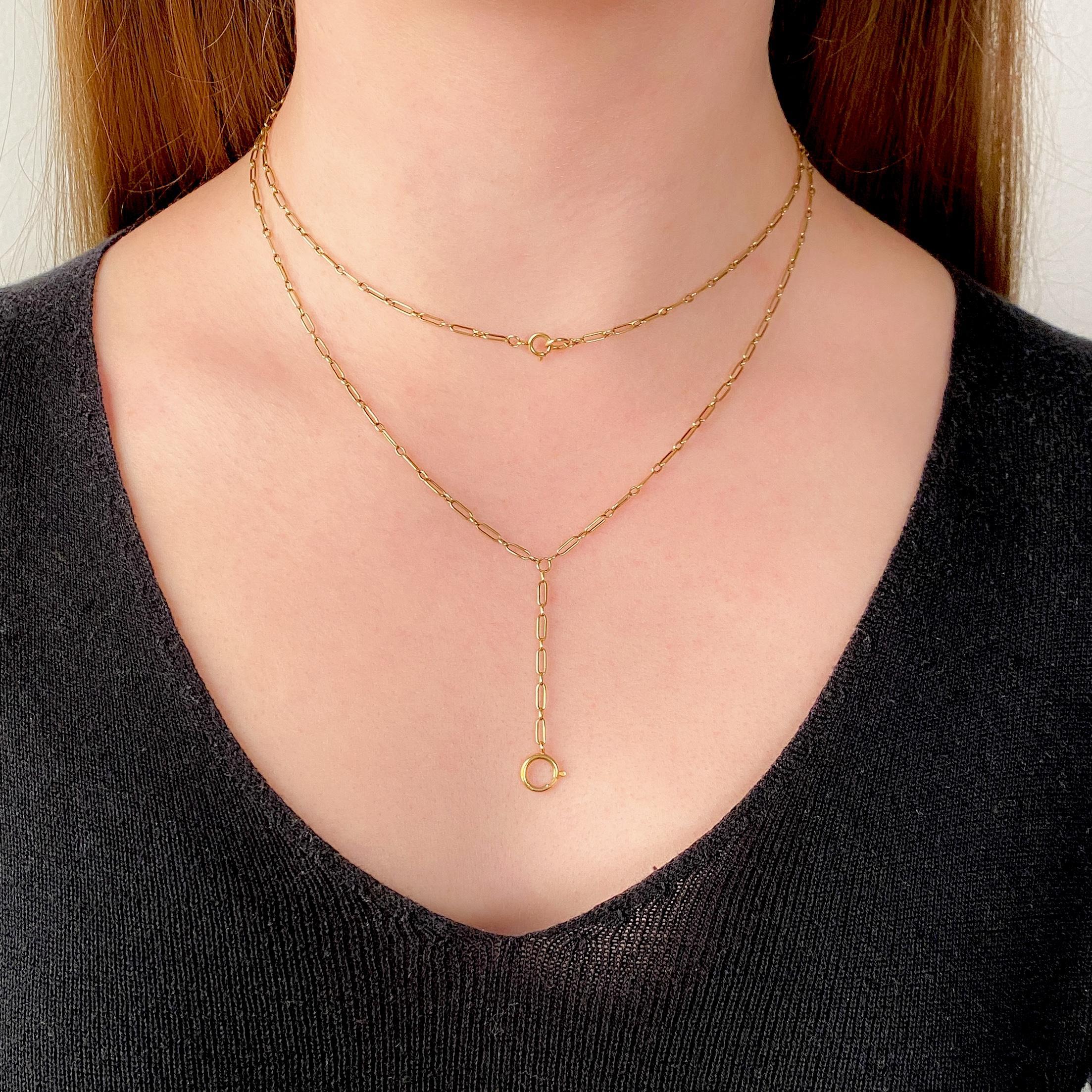 Women's or Men's Antique Paperclip Link Lariat Watch Chain Necklace of 14k Gold