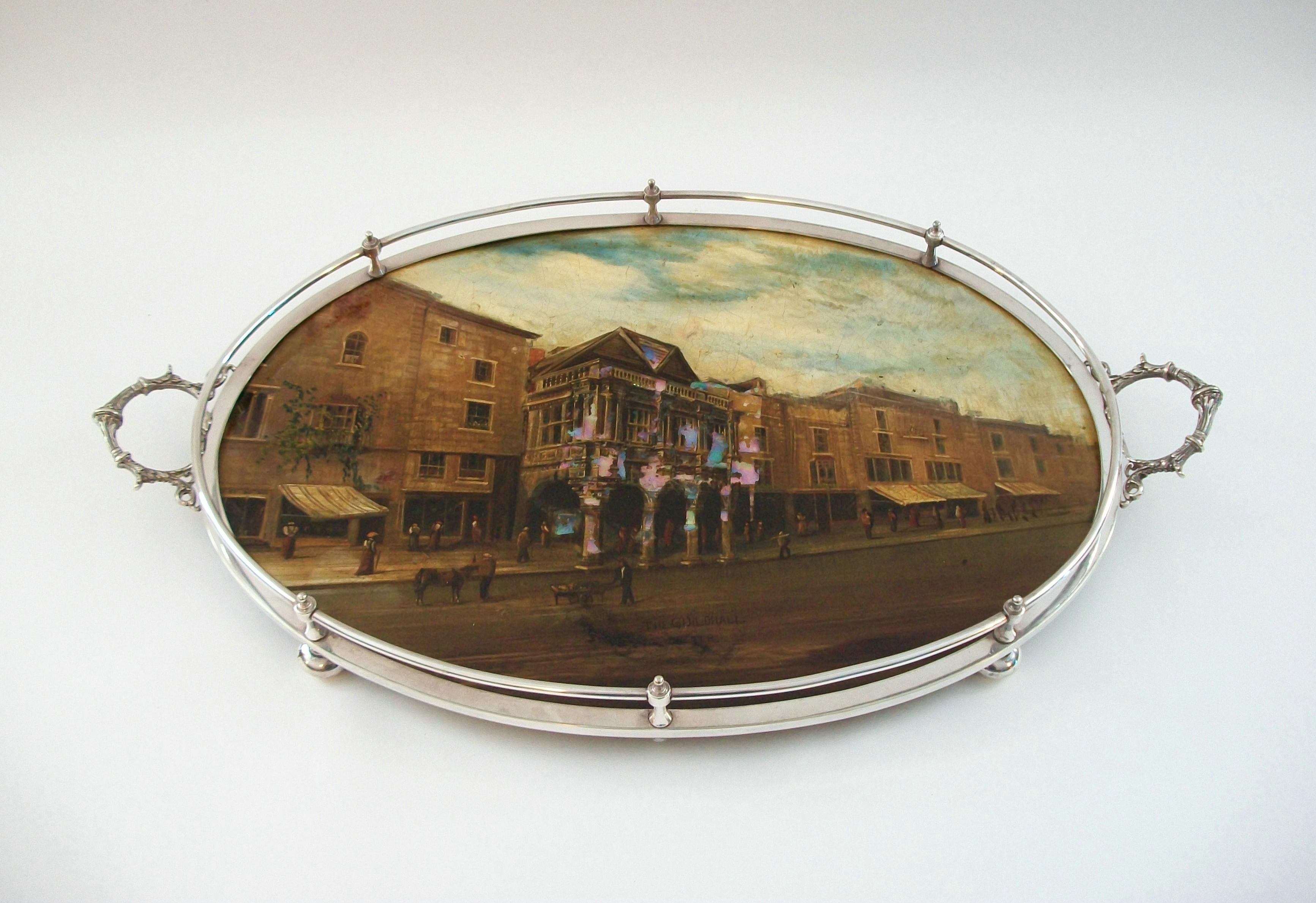 Antique papier-mâché and galleried silver plate serving tray with mother-of-pearl inlay - large size - featuring a hand painted view of The Guildhall, Exeter - silver plate gallery and frame with cast handles - original bun feet - black lacquer to