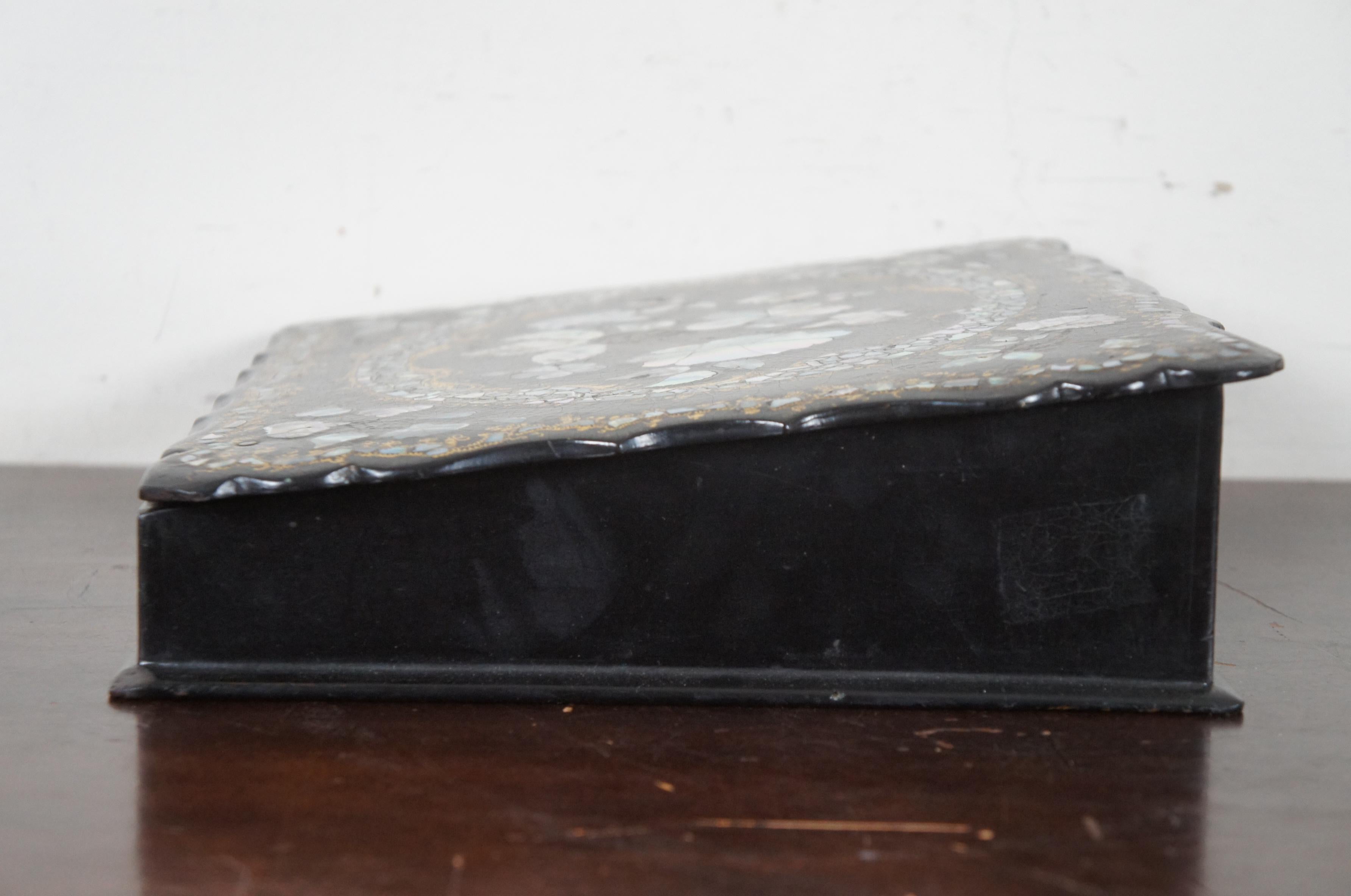 Mother-of-Pearl Antique Papier Mache Inlaid Mother of Pearl Writing Slope Box Chinoiserie MOP