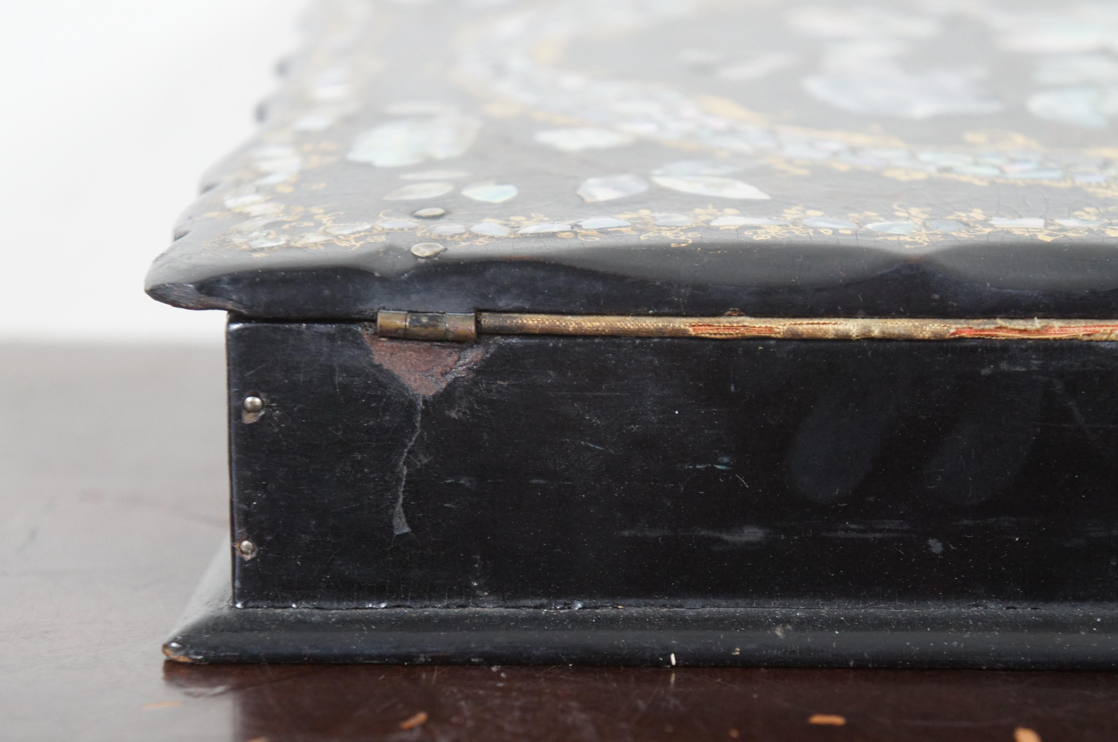 Antique Papier Mache Inlaid Mother of Pearl Writing Slope Box Chinoiserie MOP 1