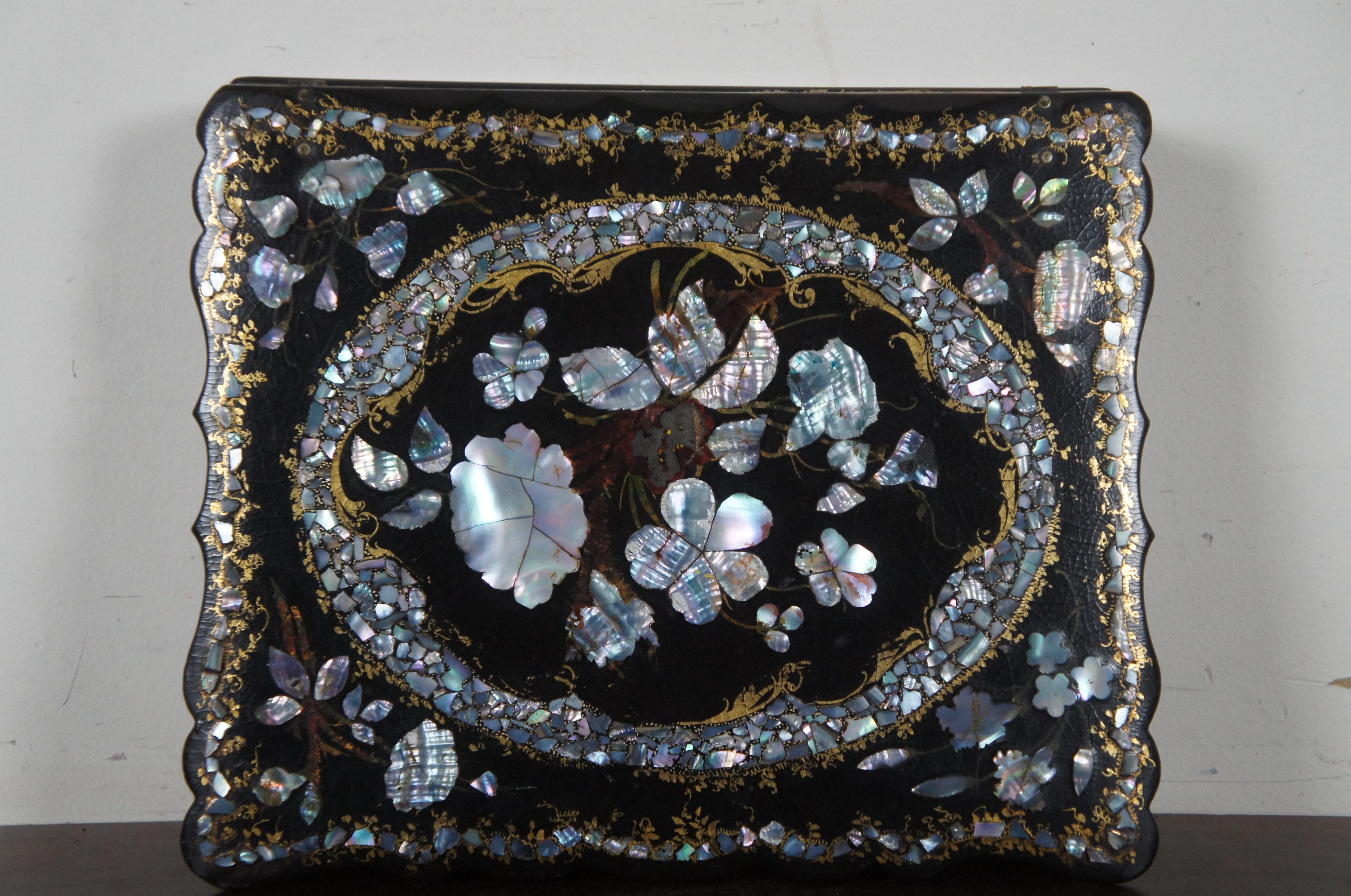 Antique Papier Mache Inlaid Mother of Pearl Writing Slope Box Chinoiserie MOP 3