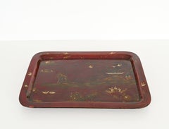 Antikes japanisches handbemaltes, burgunderrotes Papiermaché-Tablett aus Papier Mache, Japan, späte 800er Jahre