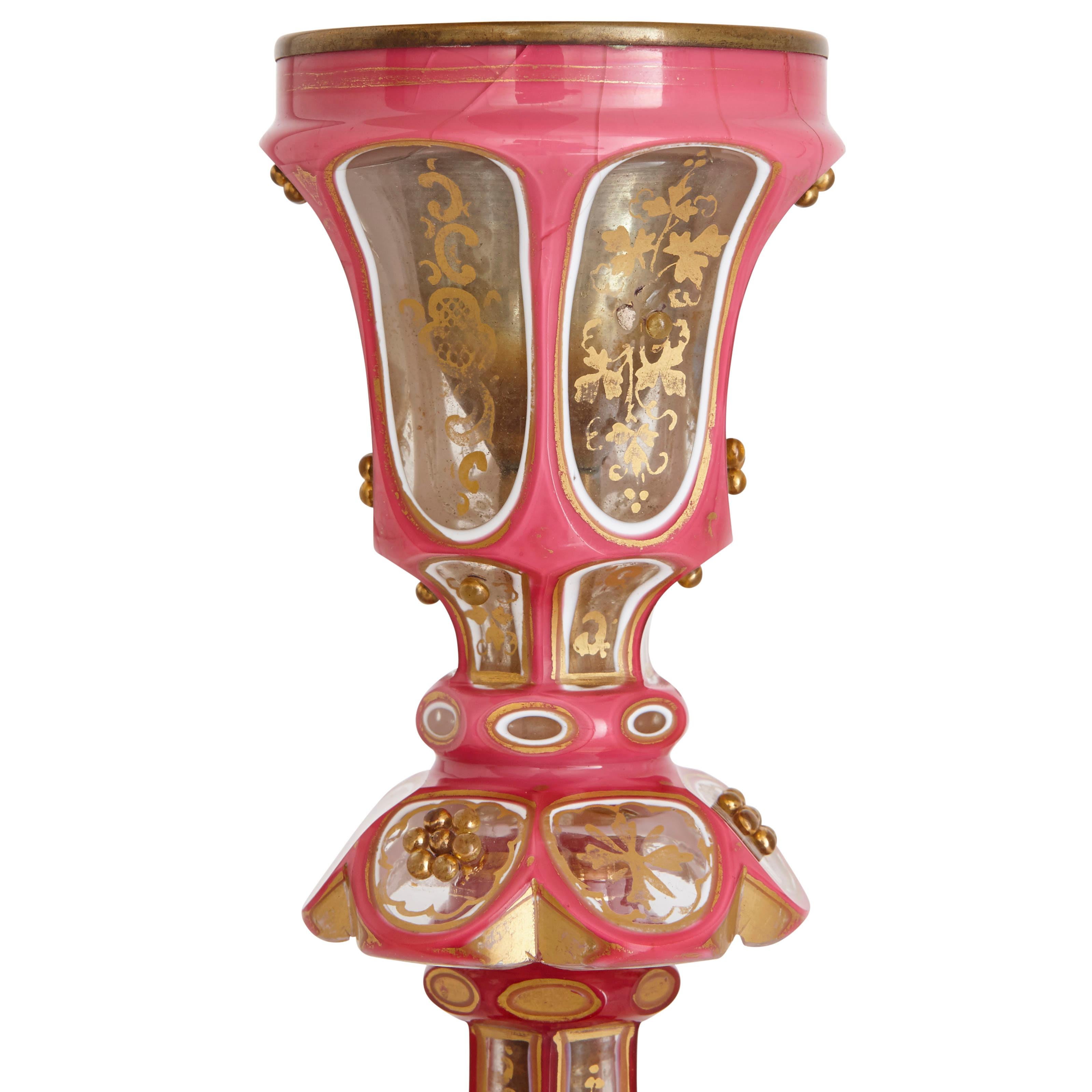 Antique Parcel-Gilt and Enamelled Pink Overlay Clear Glass Huqqa In Good Condition In London, GB