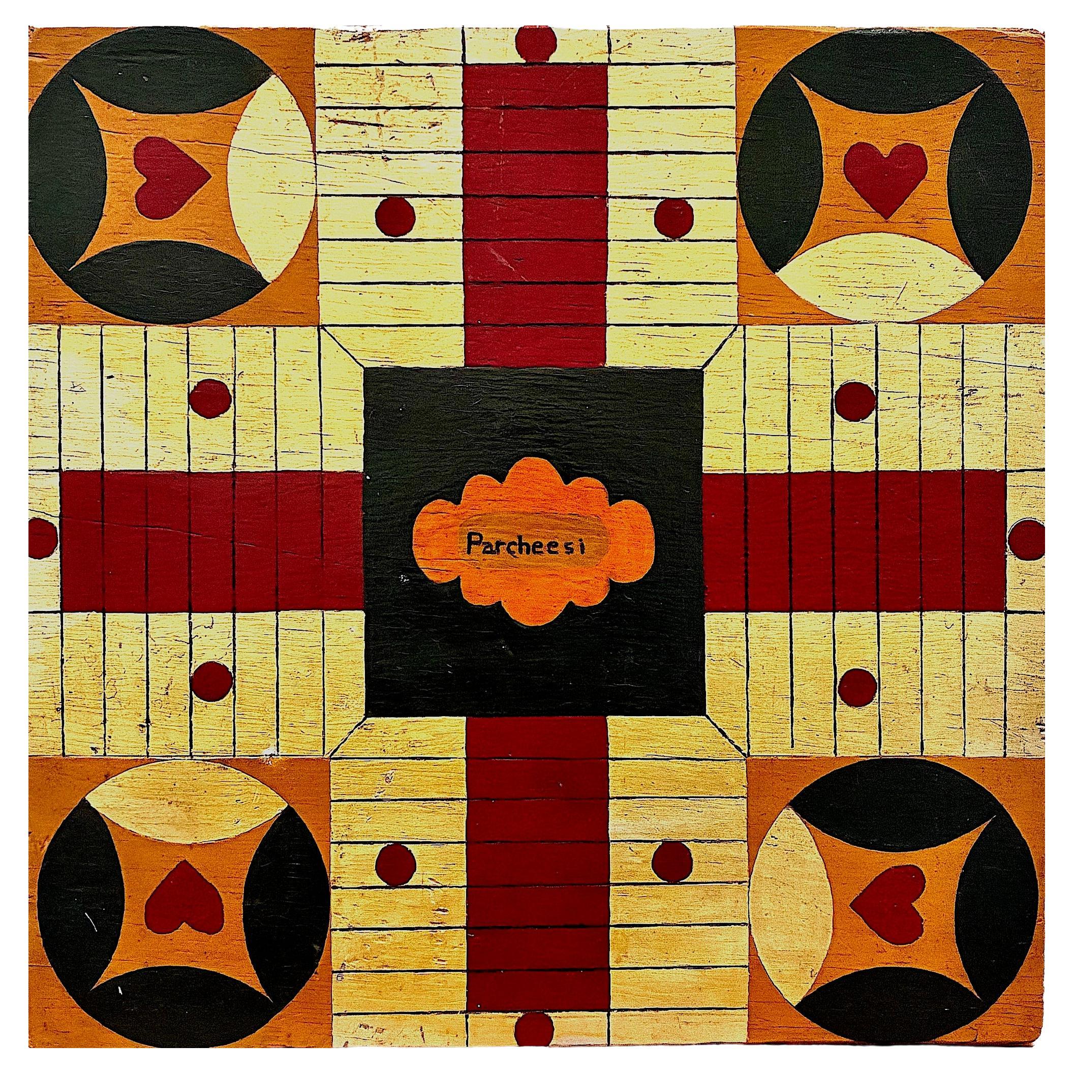 Plateau de jeu antique de Parcheesi Folk Art