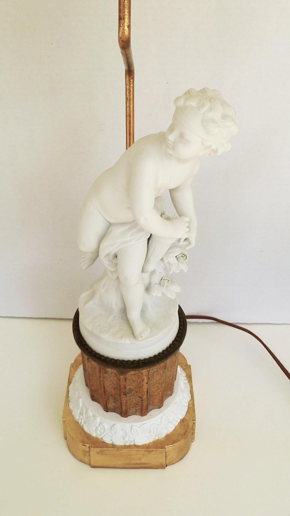 Romantic Antique Parian Eros on Gilt Pedestal French Table Lamp