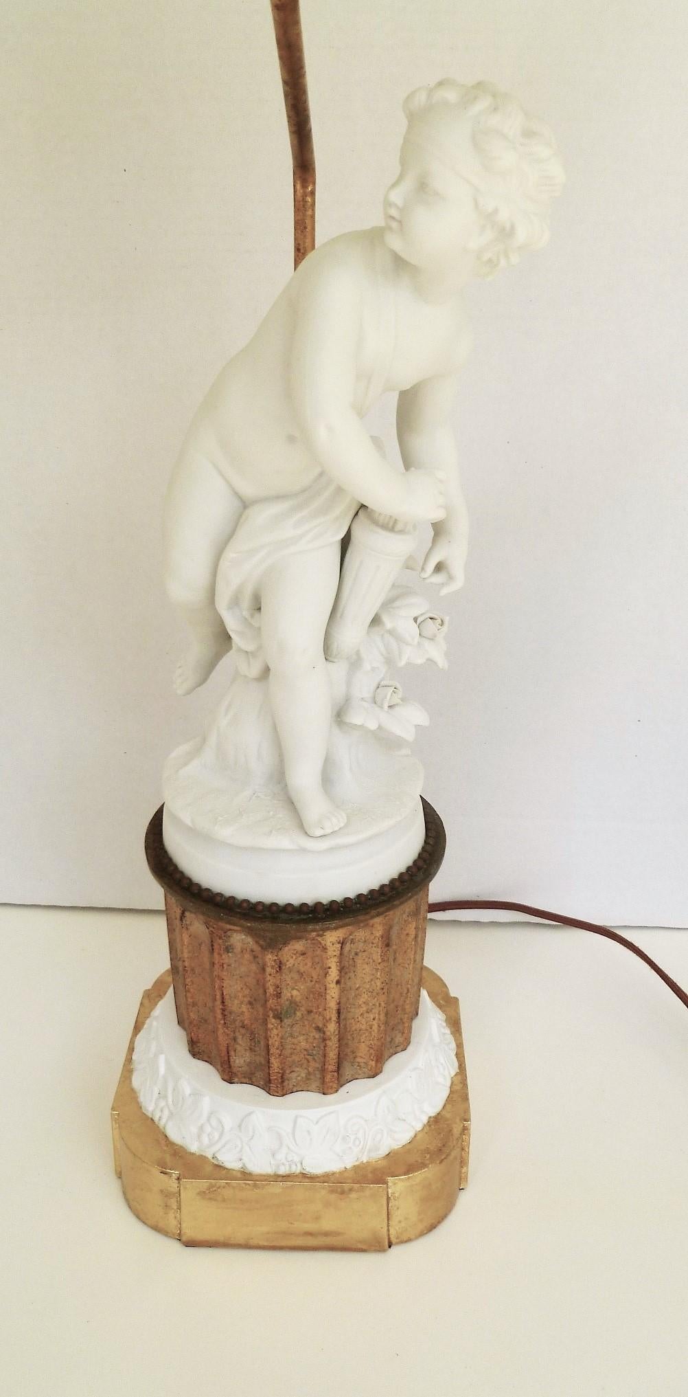 Antique Parian Eros on Gilt Pedestal French Table Lamp In Good Condition In Miami, FL