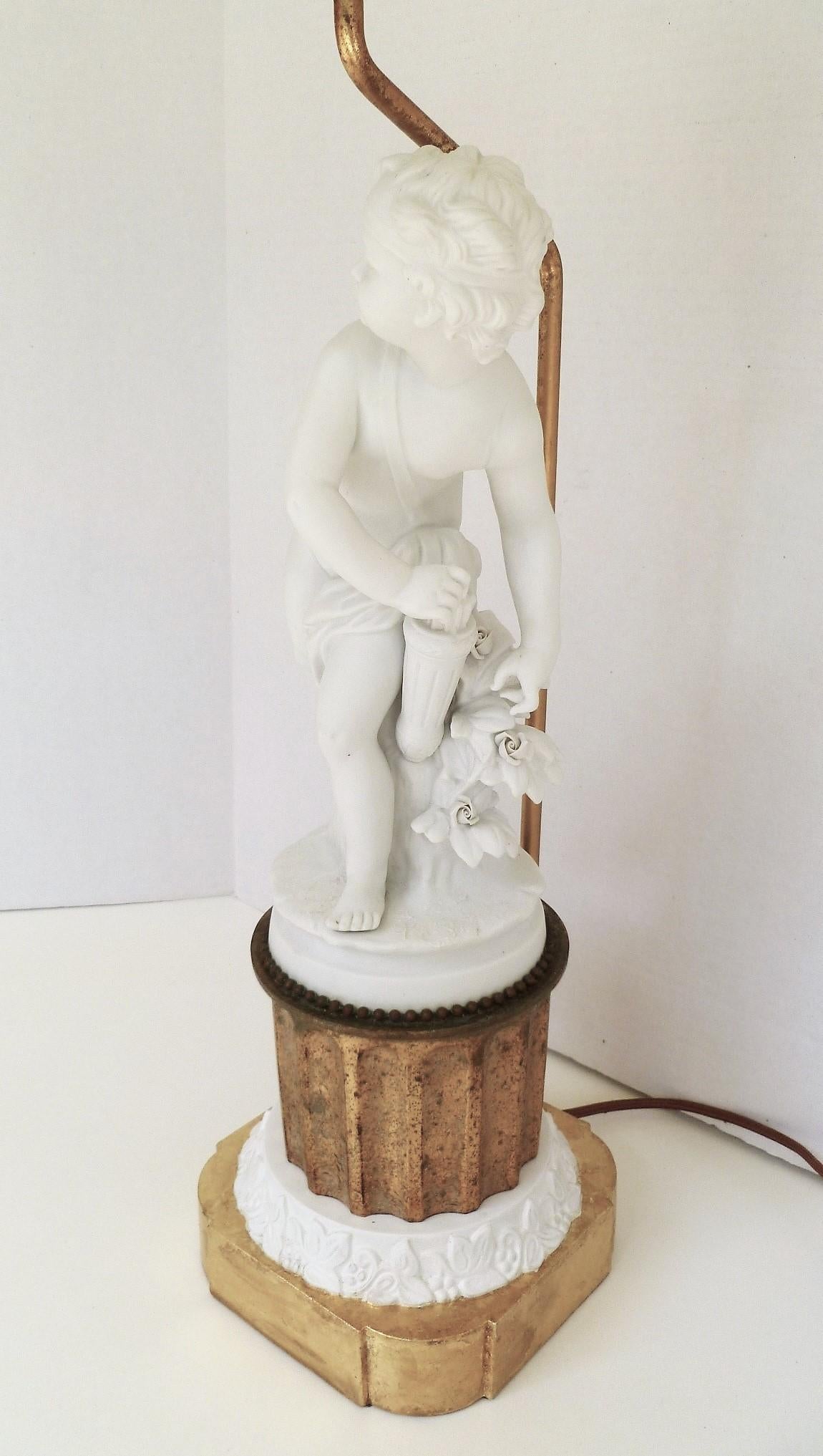 Early 20th Century Antique Parian Eros on Gilt Pedestal French Table Lamp