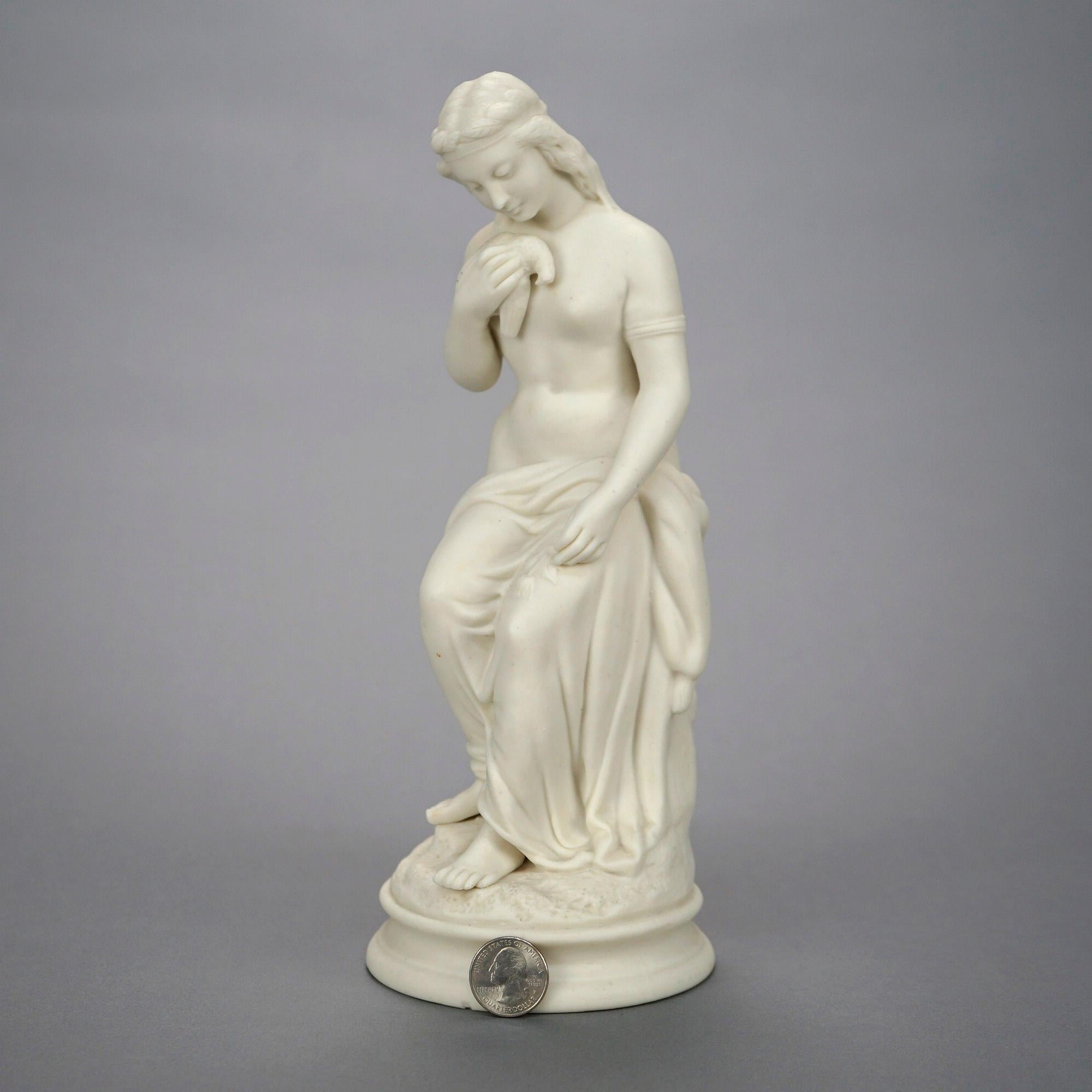 An antique parian porcelain statue offers portrait of a seated Classical woman and a dove, 19th century

Measures- 11''H x 4.25''W x 4.25''D.