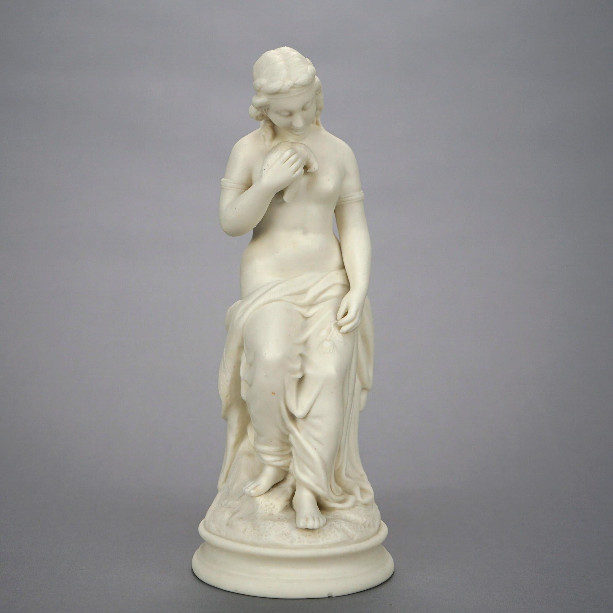 Molded Antique Parian Sculpture of a Seated Classical Woman & Dove 19th C For Sale
