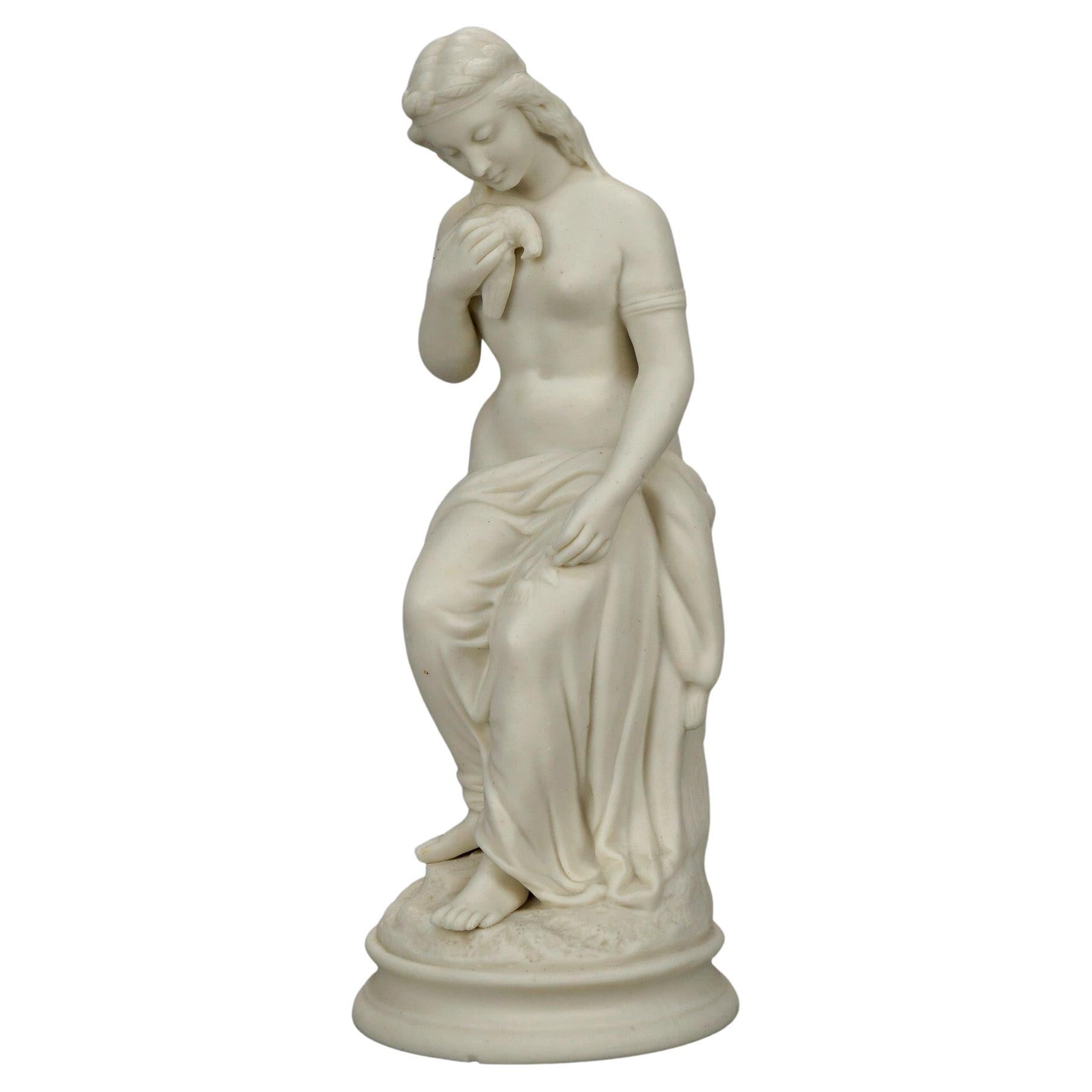 Antique Parian Sculpture of a Seated Classical Woman & Dove 19th C For Sale