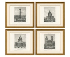 Antique Paris Monuments Set of 4, Pantheon Invalides Bastille Sulpice, c.1855