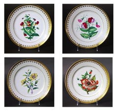 Antique Paris Porcelain Botanical Plates, Flamen-Fleury, Set of Four