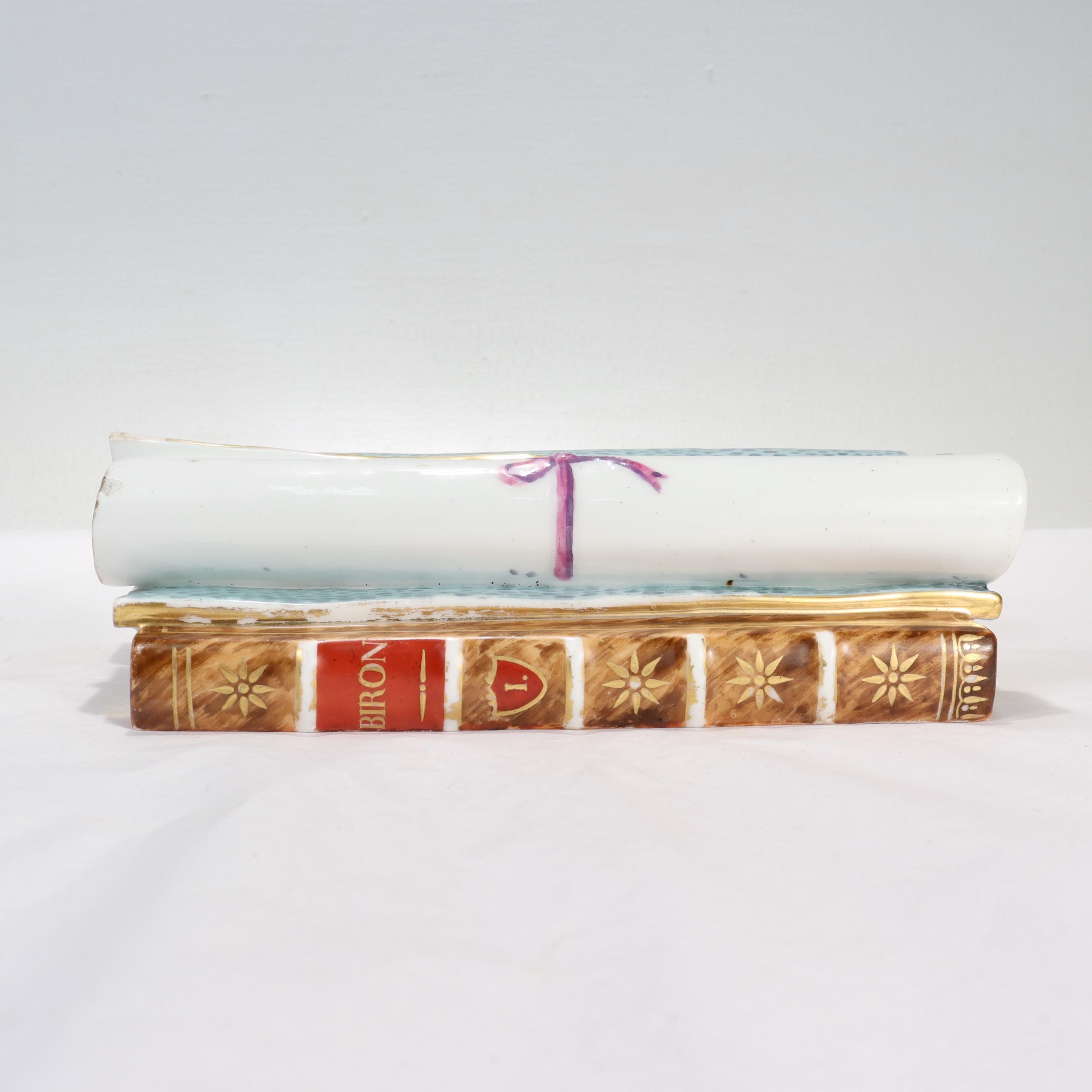 Painted Antique Paris Porcelain Trompe L'oeil Book & Scroll Paperweight / Sculpture