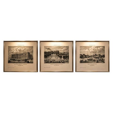 Antique Paris & Versailles Views Set of 3, Louvre St Cloud Versailles, c.1855